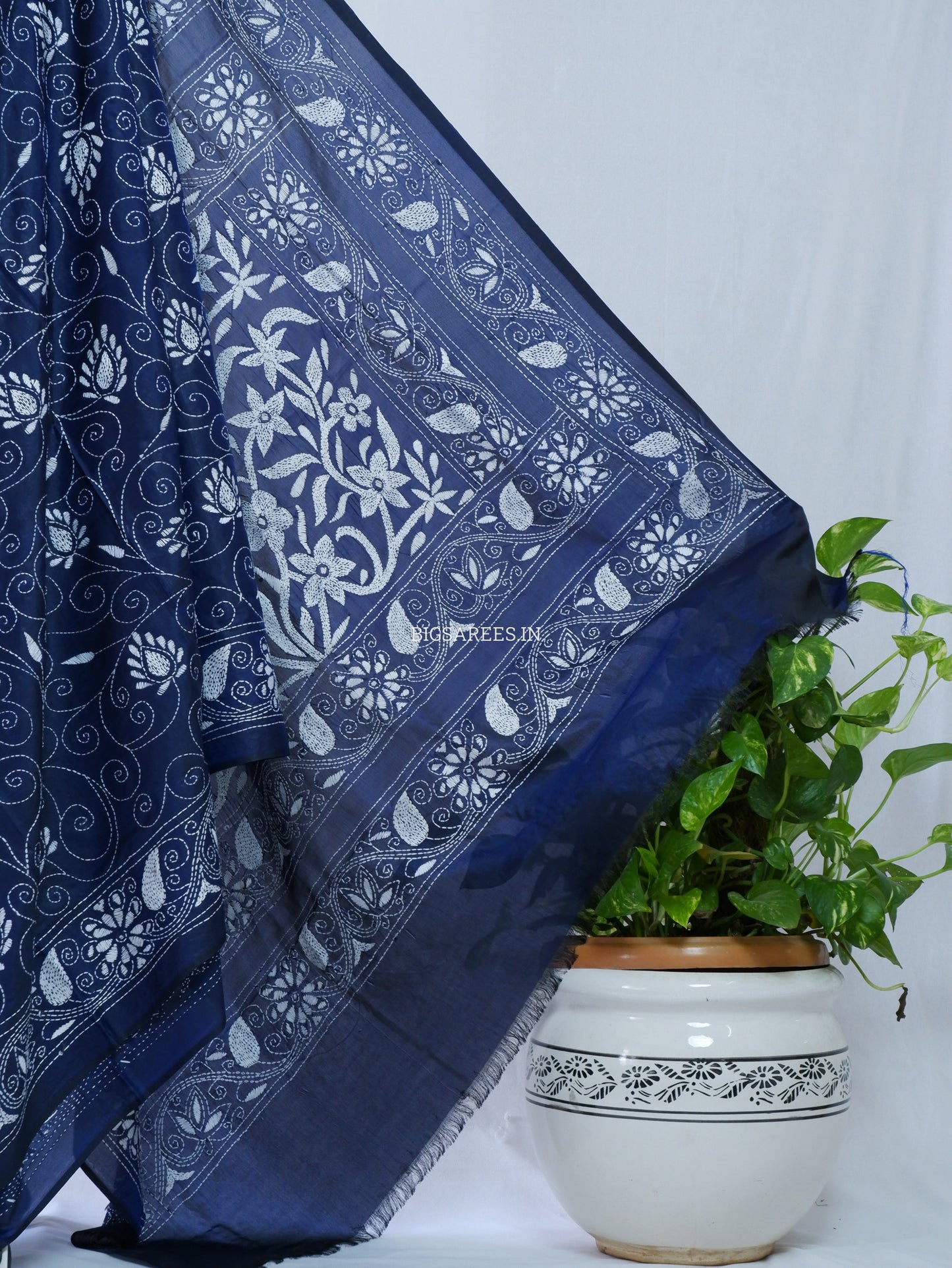 Kantha Stitch Hand Embroidered Saree | Blended Bangalore Silk / Art Silk | Navy Blue