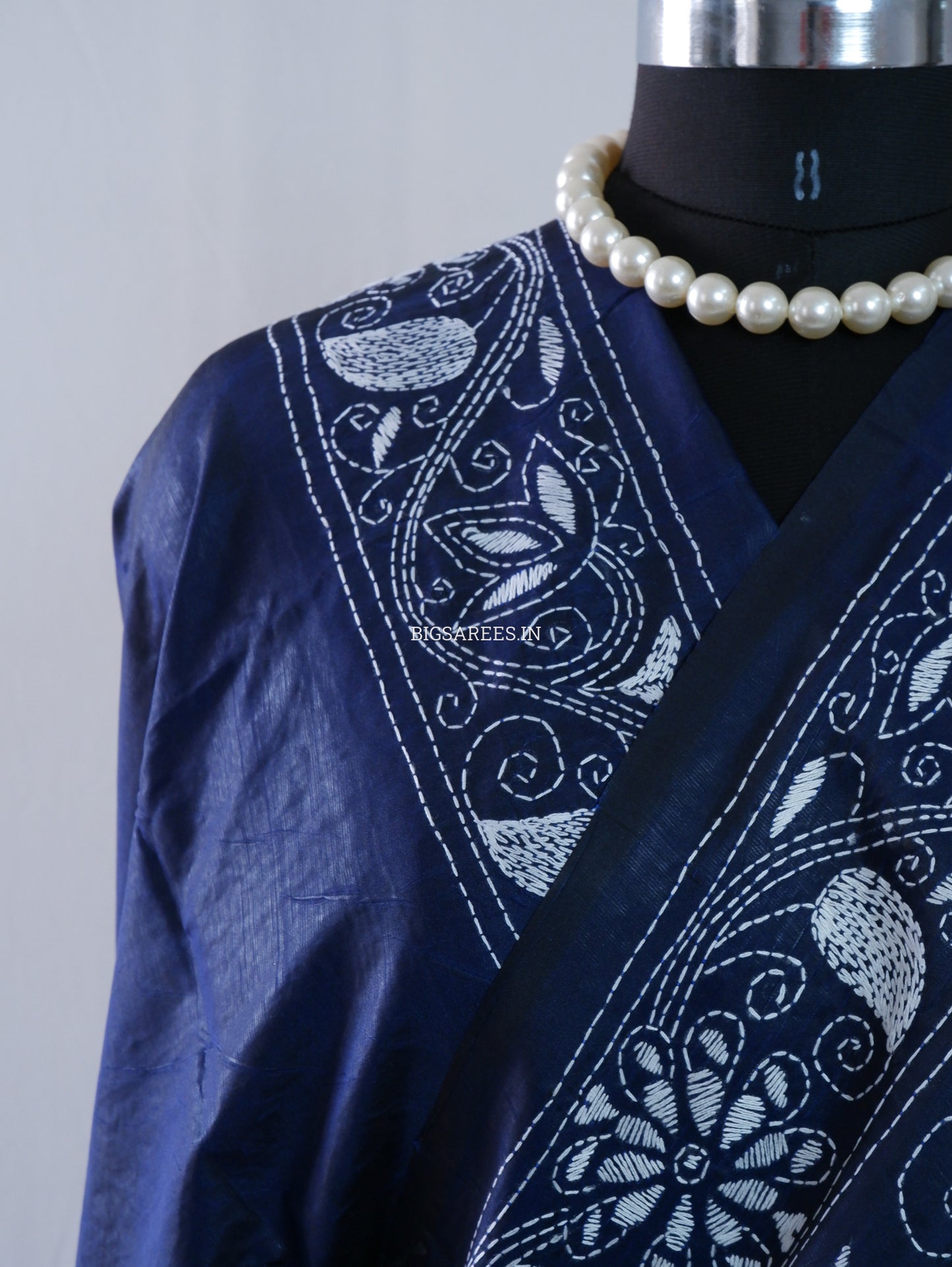Kantha Stitch Hand Embroidered Saree | Blended Bangalore Silk / Art Silk | Navy Blue