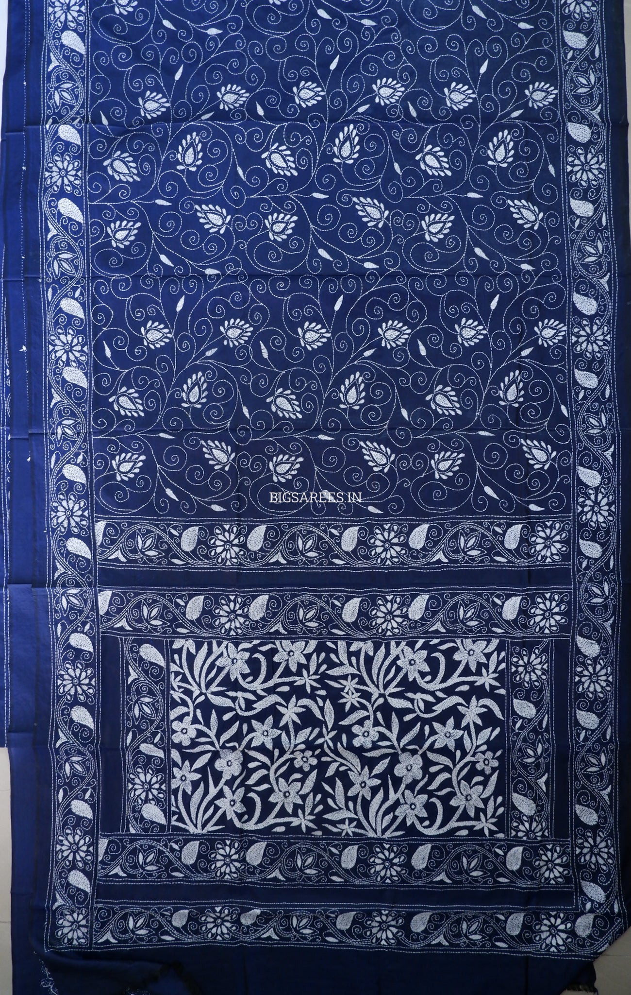 Kantha Stitch Hand Embroidered Saree | Blended Bangalore Silk / Art Silk | Navy Blue