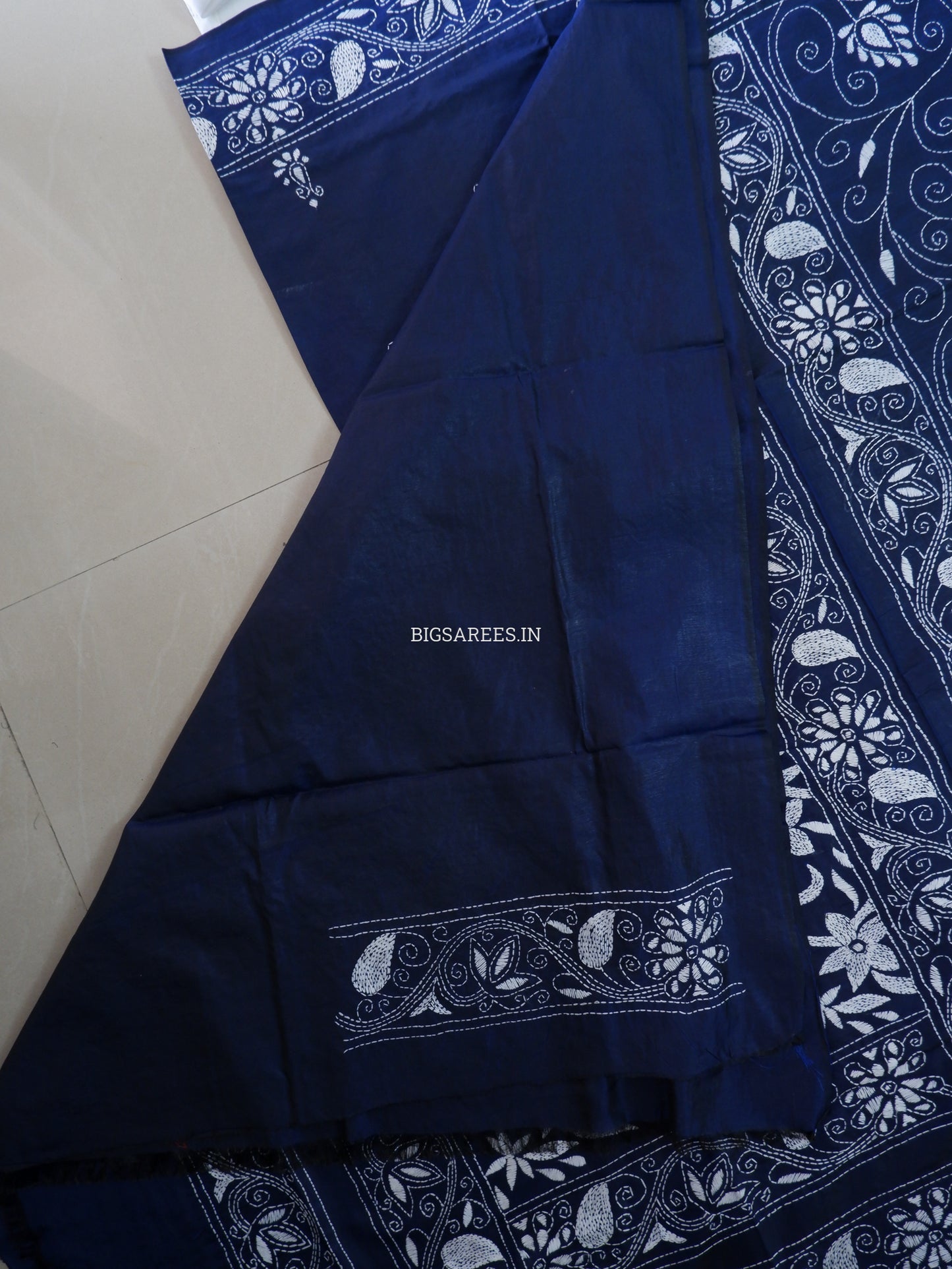 Kantha Stitch Hand Embroidered Saree | Blended Bangalore Silk / Art Silk | Navy Blue