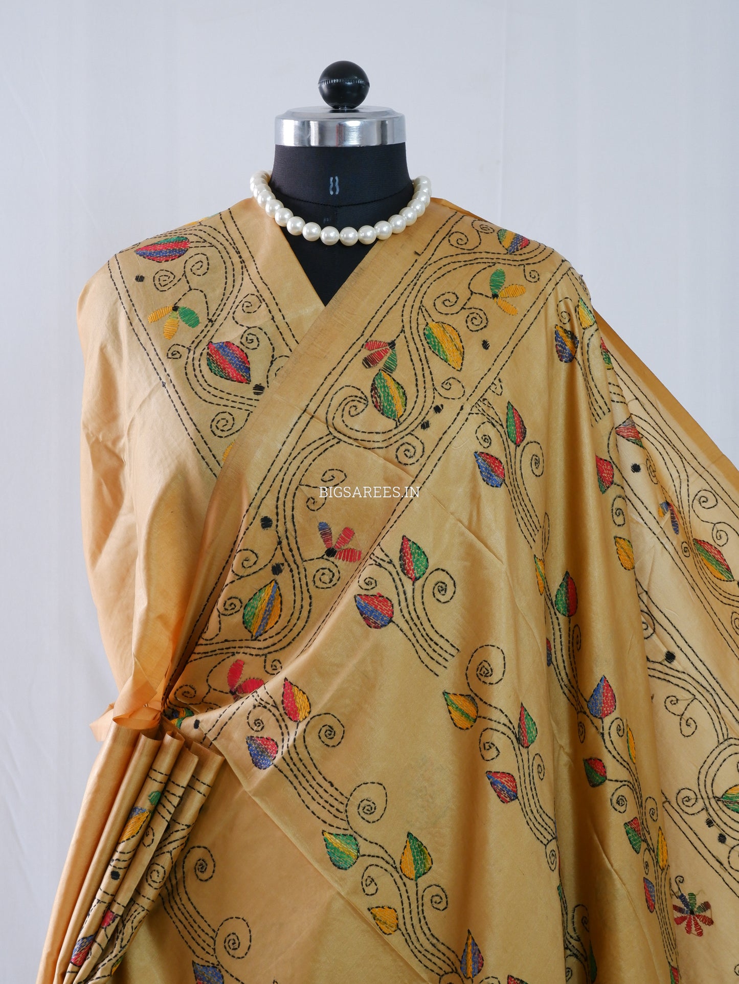 Kantha Stitch Hand Embroidered Saree | Blended Bangalore Silk / Art Silk | Golden Brown