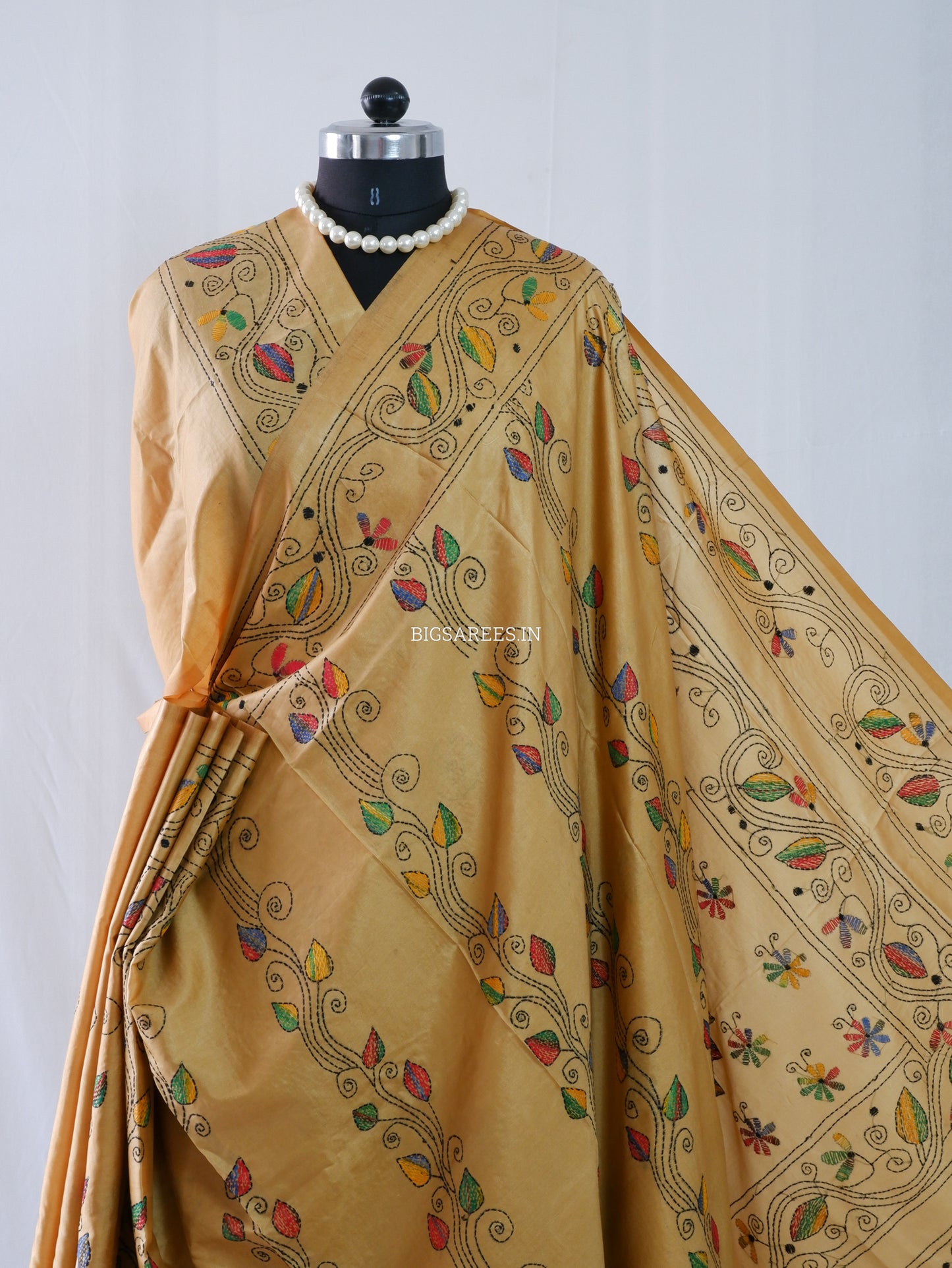 Kantha Stitch Hand Embroidered Saree | Blended Bangalore Silk / Art Silk | Golden Brown
