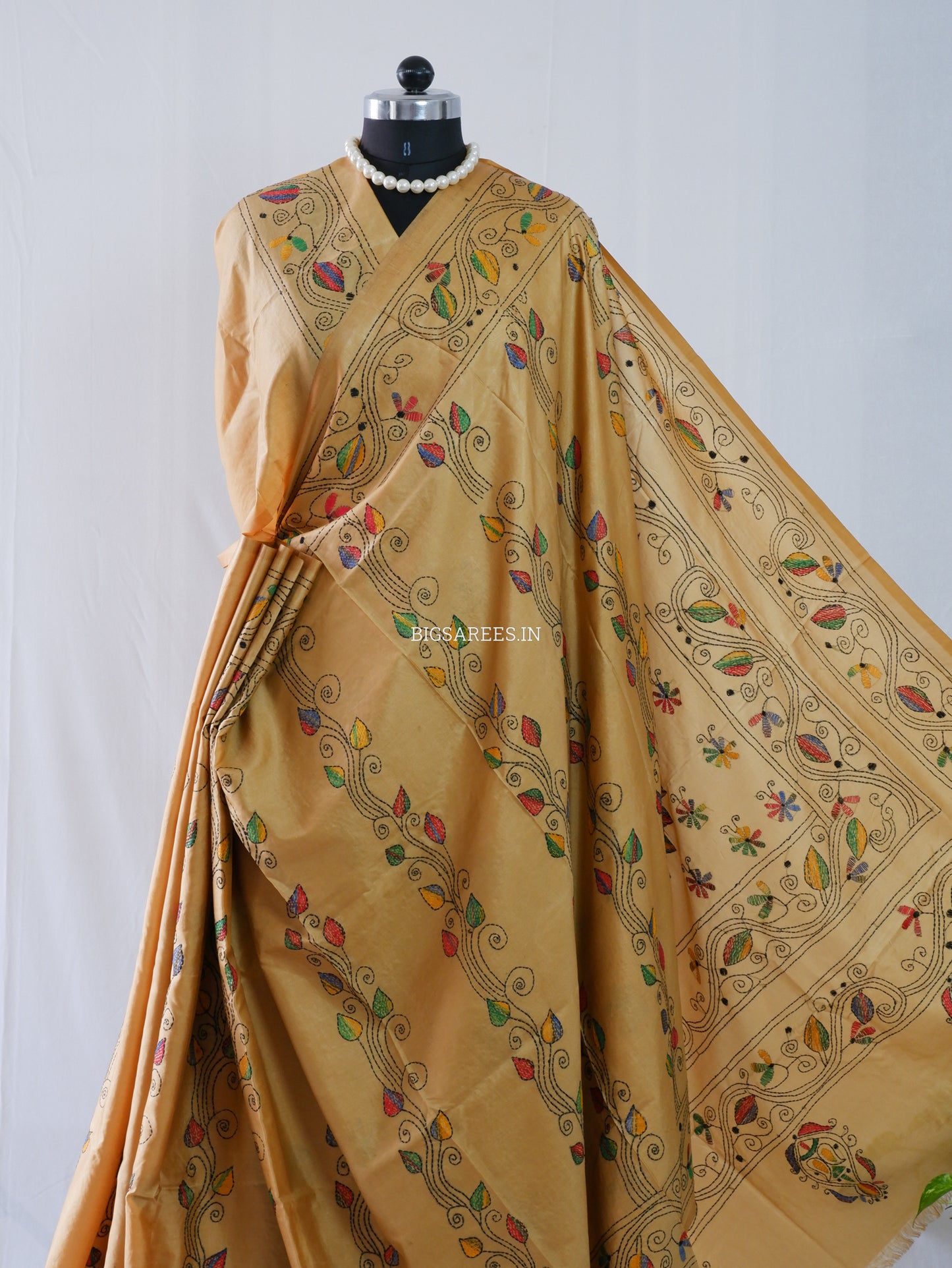 Kantha Stitch Hand Embroidered Saree | Blended Bangalore Silk / Art Silk | Golden Brown