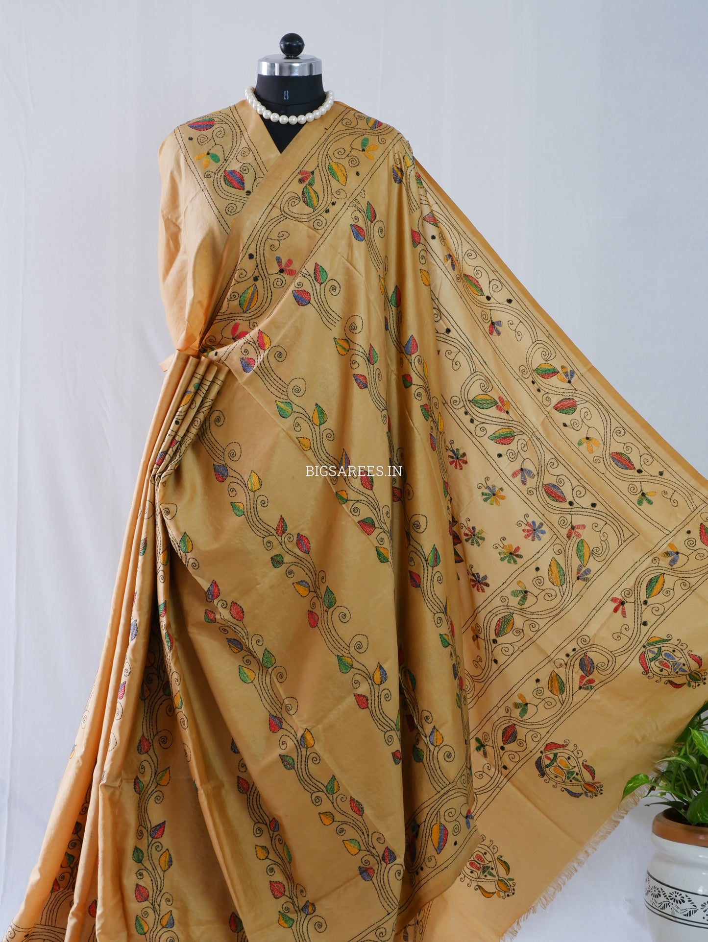 Kantha Stitch Hand Embroidered Saree | Blended Bangalore Silk / Art Silk | Golden Brown