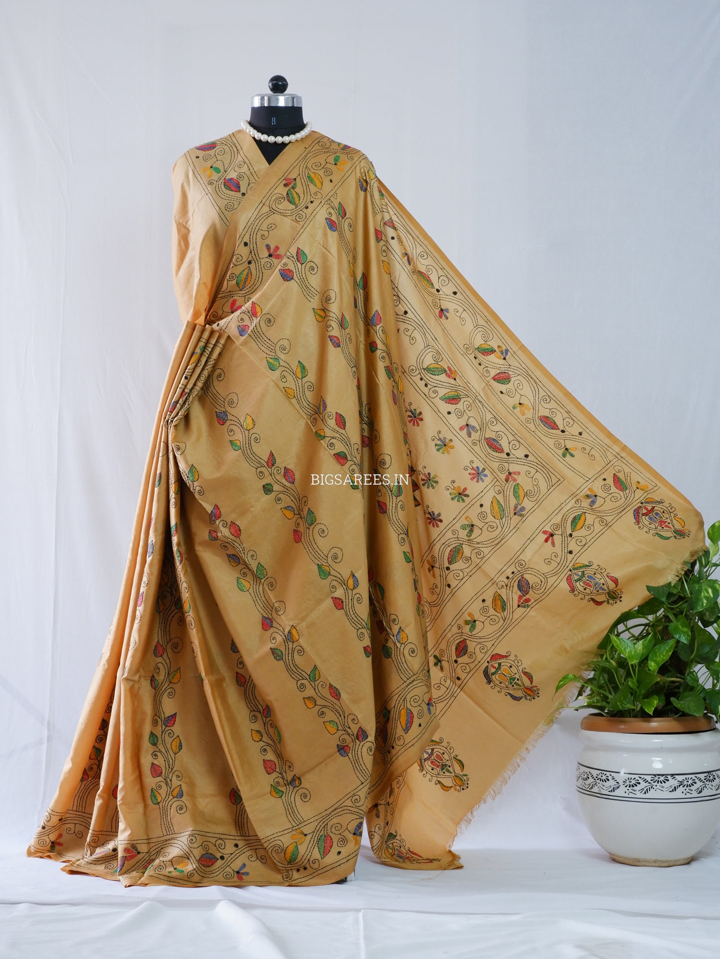Kantha Stitch Hand Embroidered Saree | Blended Bangalore Silk / Art Silk | Golden Brown