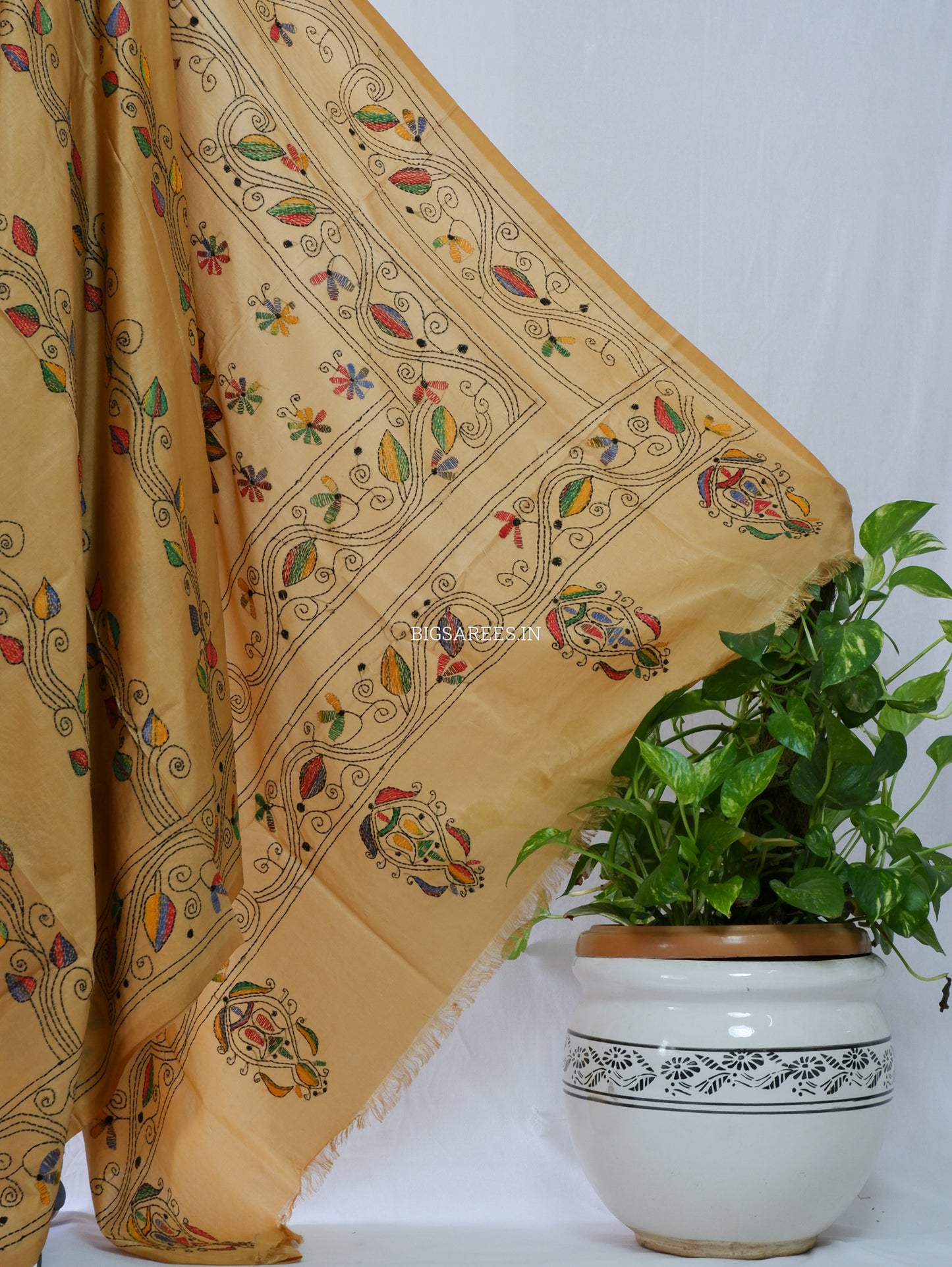 Kantha Stitch Hand Embroidered Saree | Blended Bangalore Silk / Art Silk | Golden Brown