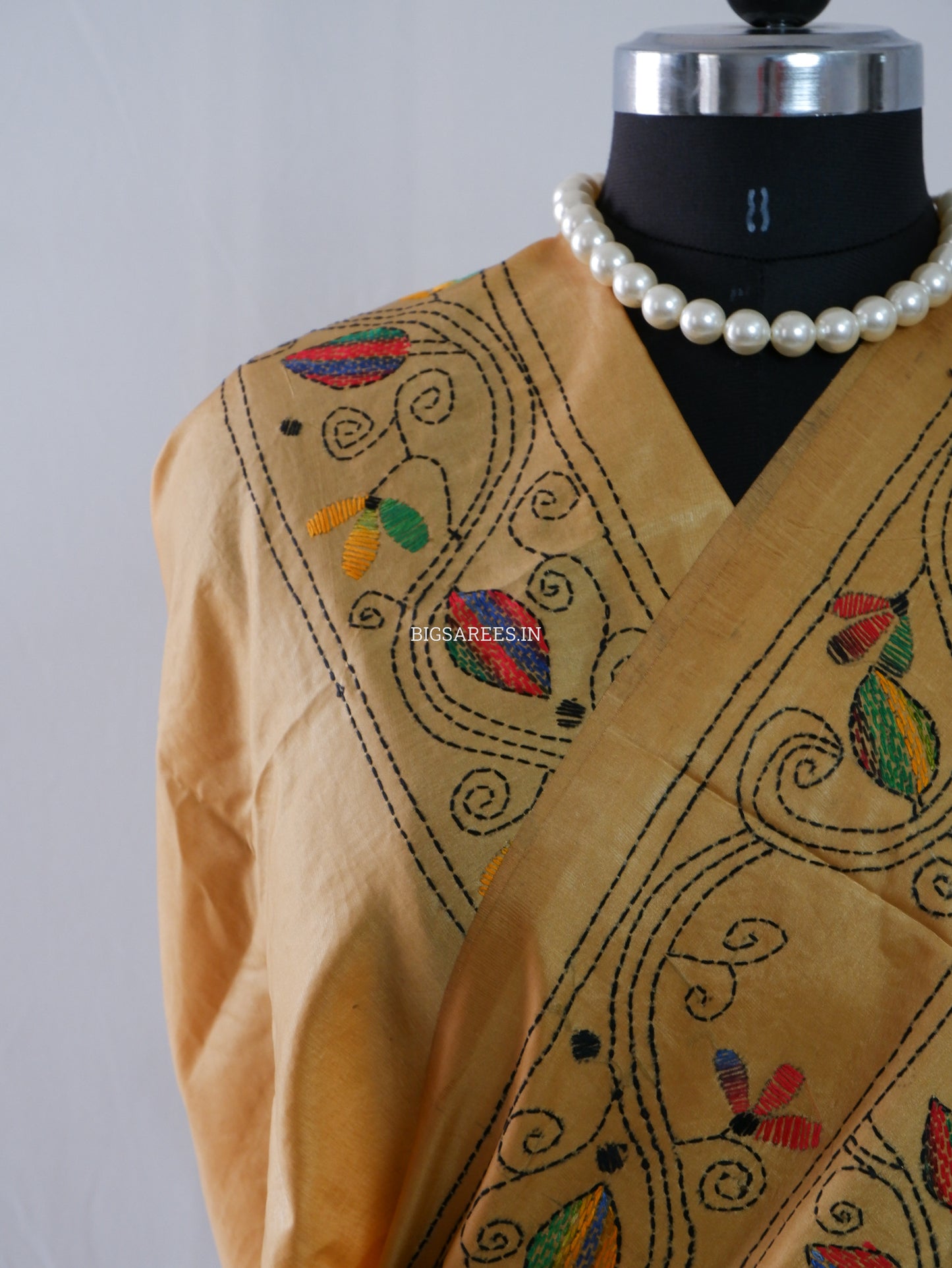 Kantha Stitch Hand Embroidered Saree | Blended Bangalore Silk / Art Silk | Golden Brown