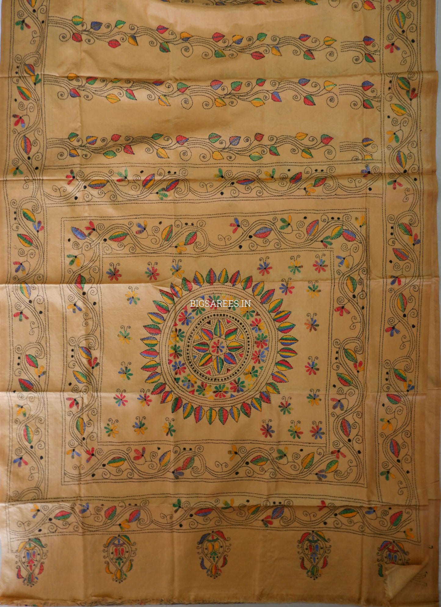Kantha Stitch Hand Embroidered Saree | Blended Bangalore Silk / Art Silk | Golden Brown