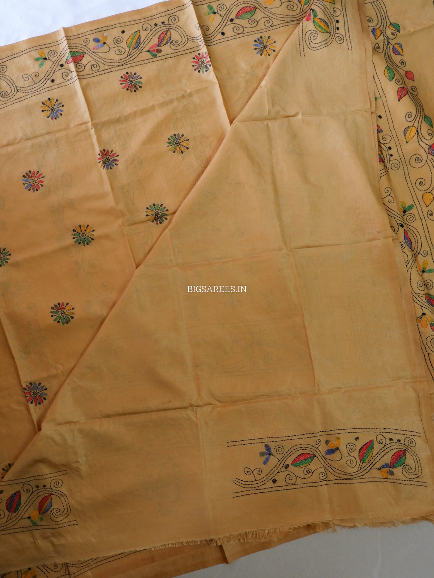 Kantha Stitch Hand Embroidered Saree | Blended Bangalore Silk / Art Silk | Golden Brown
