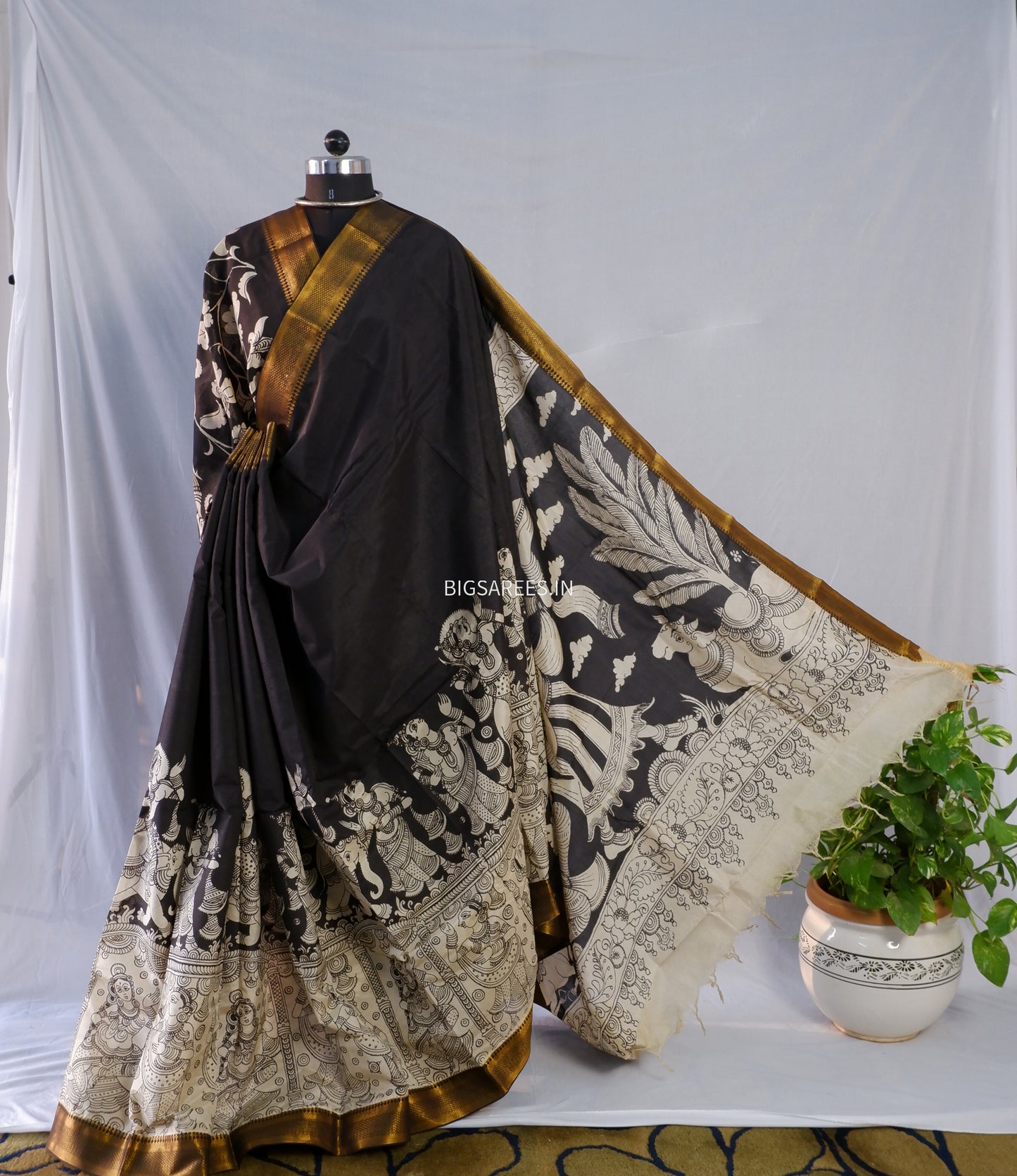 Hand-Painted Pen Kalamkari Saree in Pure Mangalgiri Silk