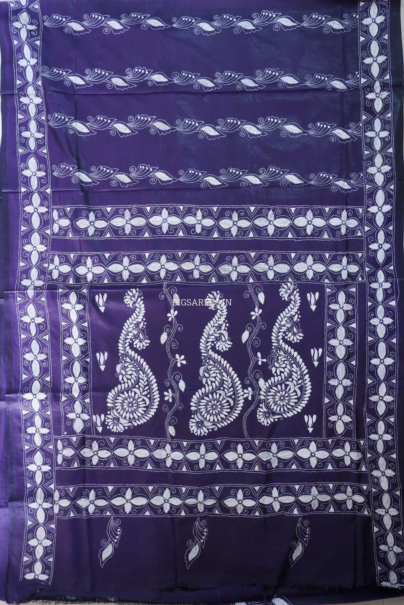 Kantha Stitch Hand Embroidered Saree | Blended Bangalore Silk / Art Silk | Purple
