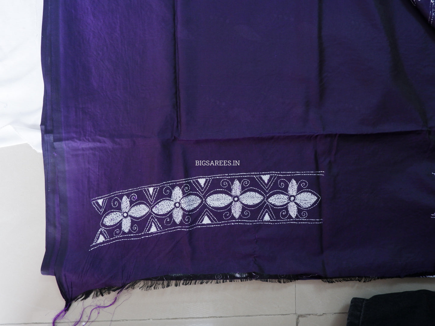 Kantha Stitch Hand Embroidered Saree | Blended Bangalore Silk / Art Silk | Purple