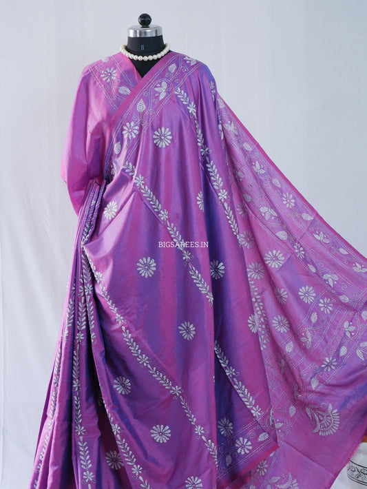 Kantha Stitch Hand Embroidered Saree | Blended Bangalore Silk / Art Silk | Violet-Blue (Dual Tone)
