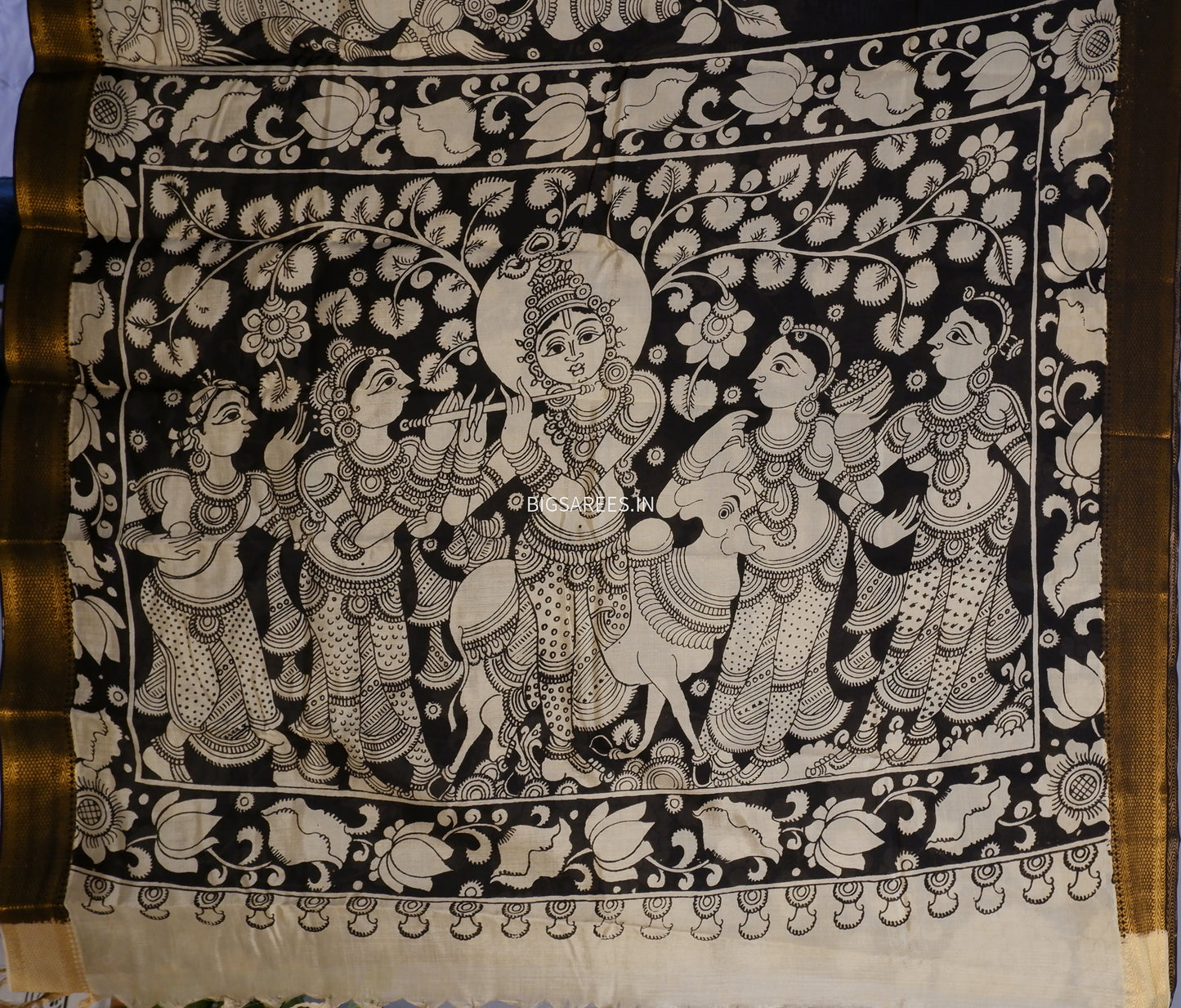 Hand-Painted Pen Kalamkari Saree in Pure Mangalgiri Silk