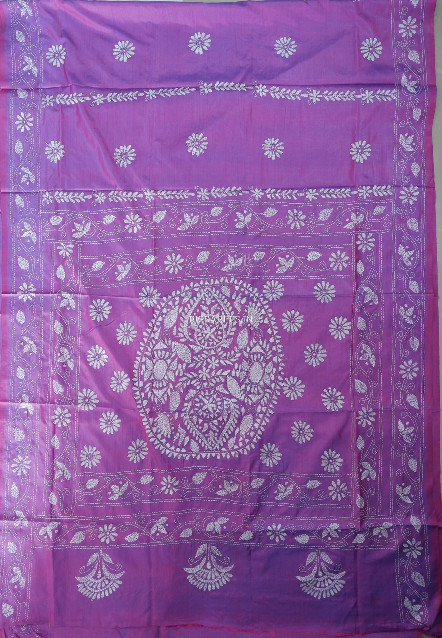 Kantha Stitch Hand Embroidered Saree | Blended Bangalore Silk / Art Silk | Violet-Blue (Dual Tone)