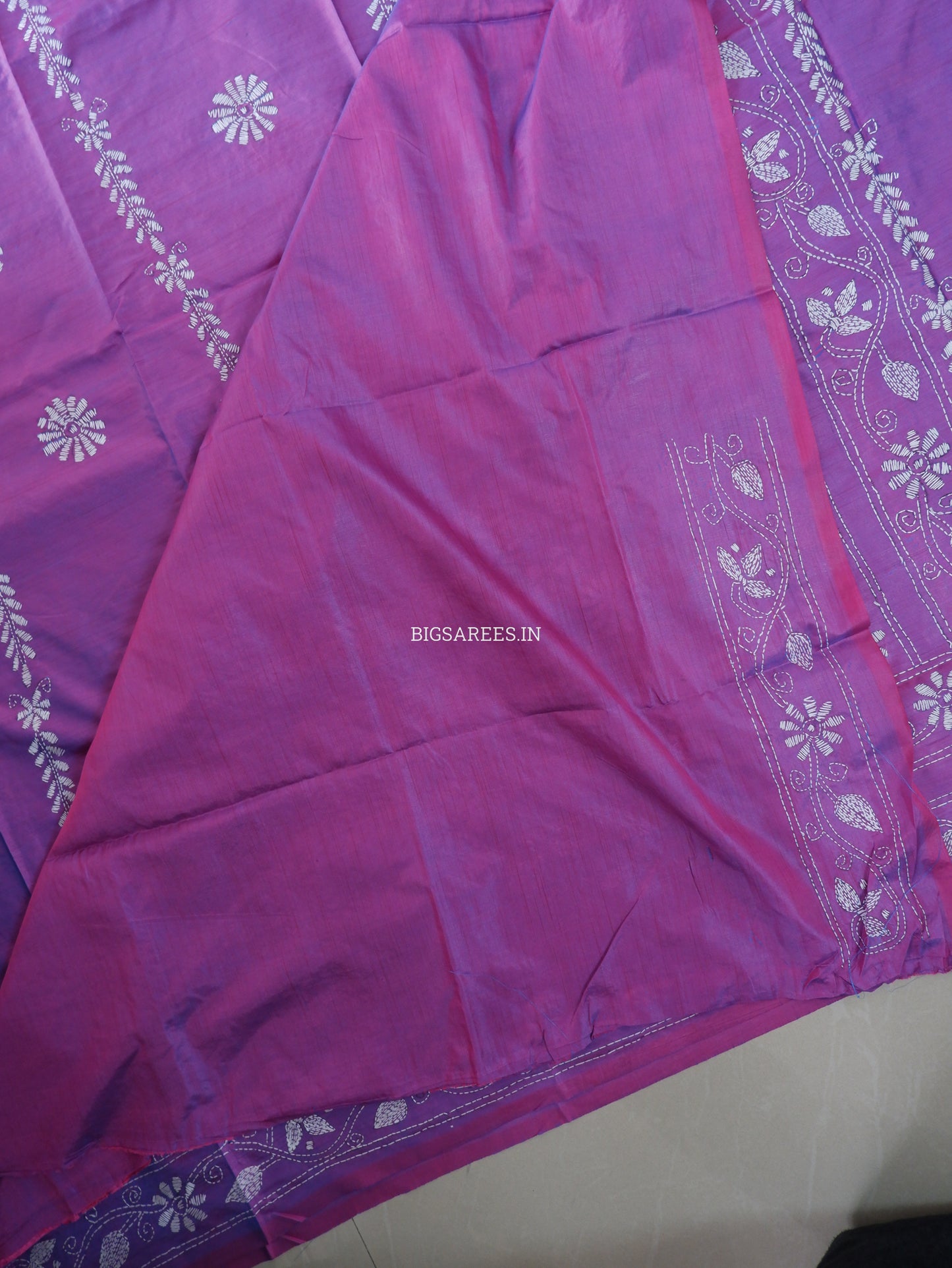 Kantha Stitch Hand Embroidered Saree | Blended Bangalore Silk / Art Silk | Violet-Blue (Dual Tone)