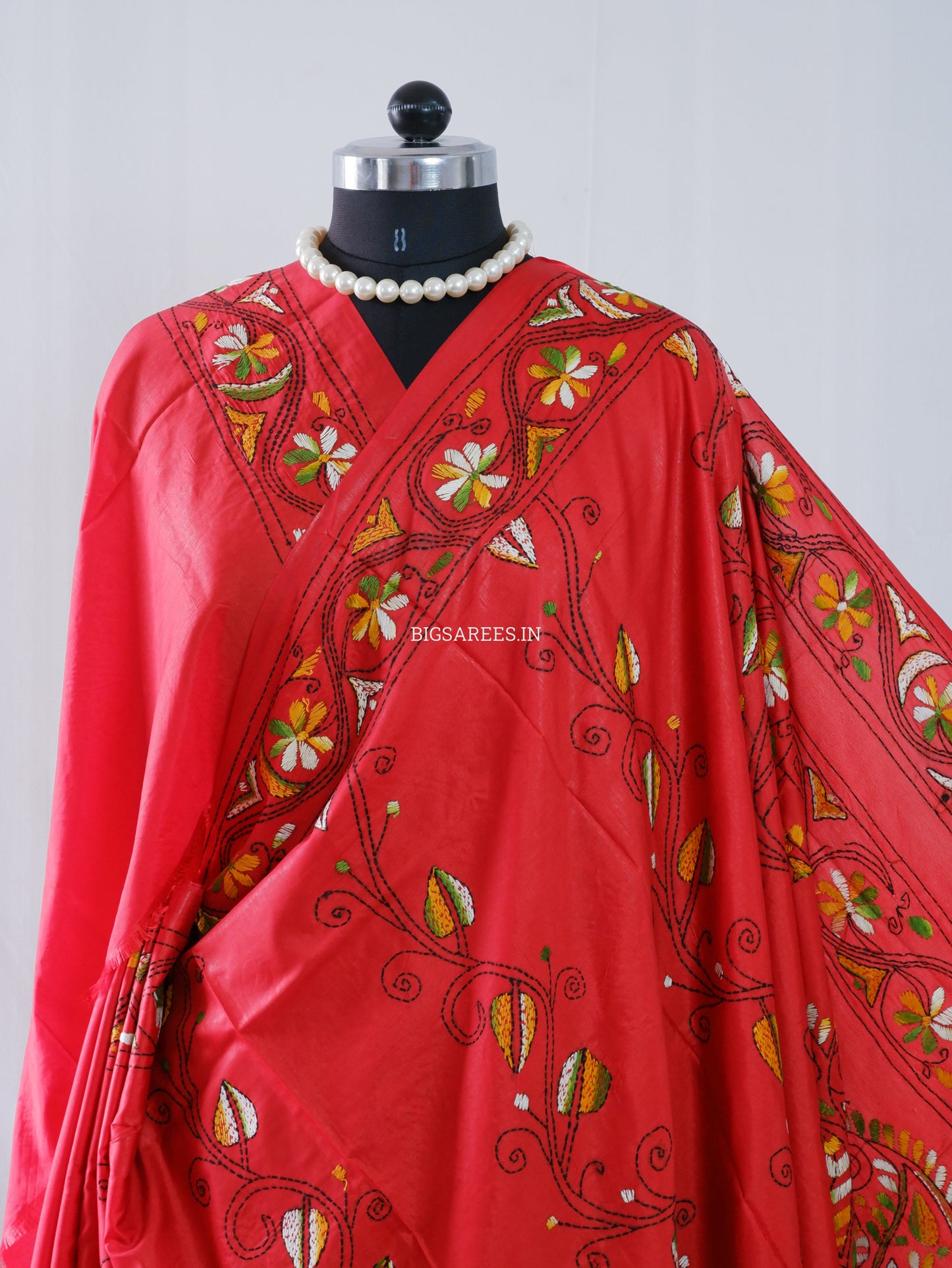 Kantha-Stitch Hand Embroidered Saree | Blended Bangalore Silk / Art Silk | Red