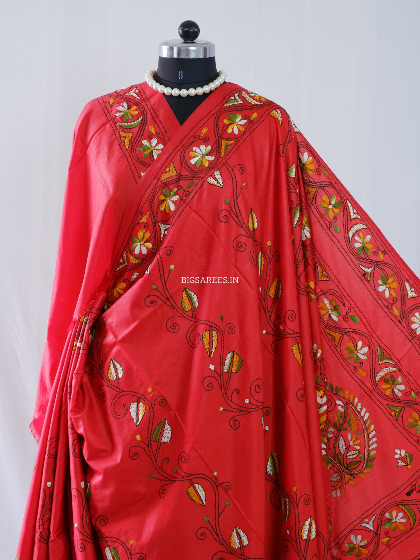 Kantha-Stitch Hand Embroidered Saree | Blended Bangalore Silk / Art Silk | Red