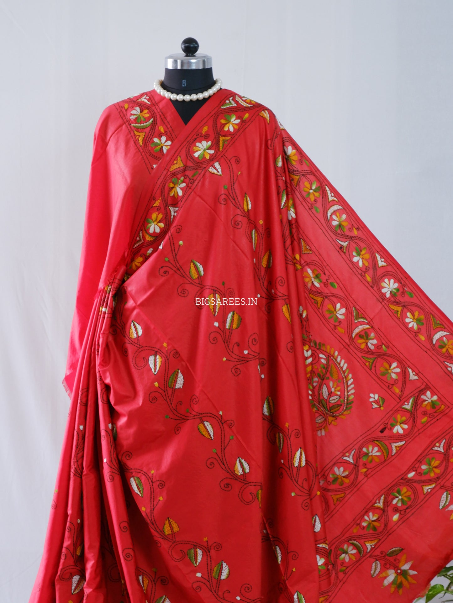 Kantha-Stitch Hand Embroidered Saree | Blended Bangalore Silk / Art Silk | Red