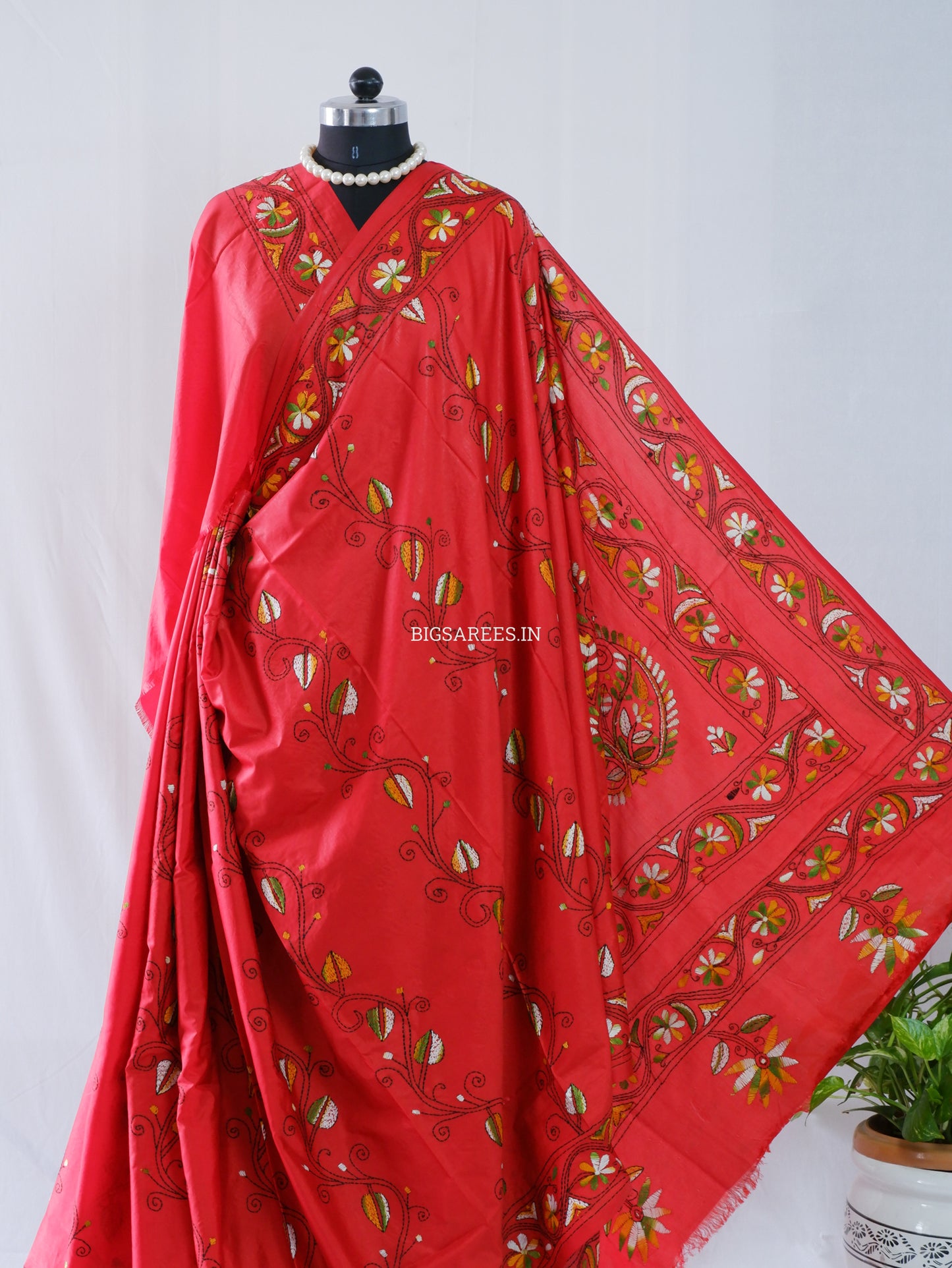 Kantha-Stitch Hand Embroidered Saree | Blended Bangalore Silk / Art Silk | Red