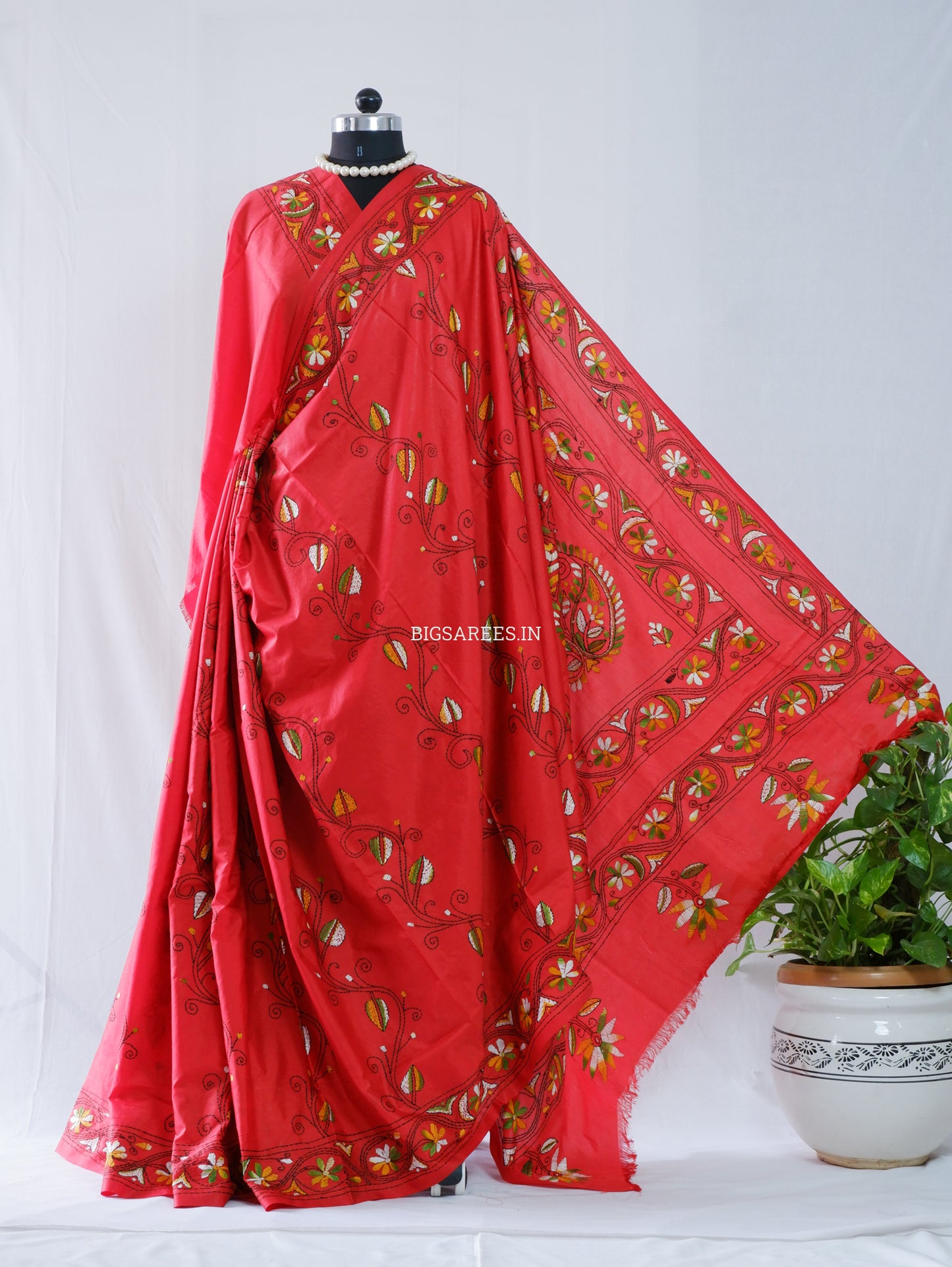 Kantha-Stitch Hand Embroidered Saree | Blended Bangalore Silk / Art Silk | Red