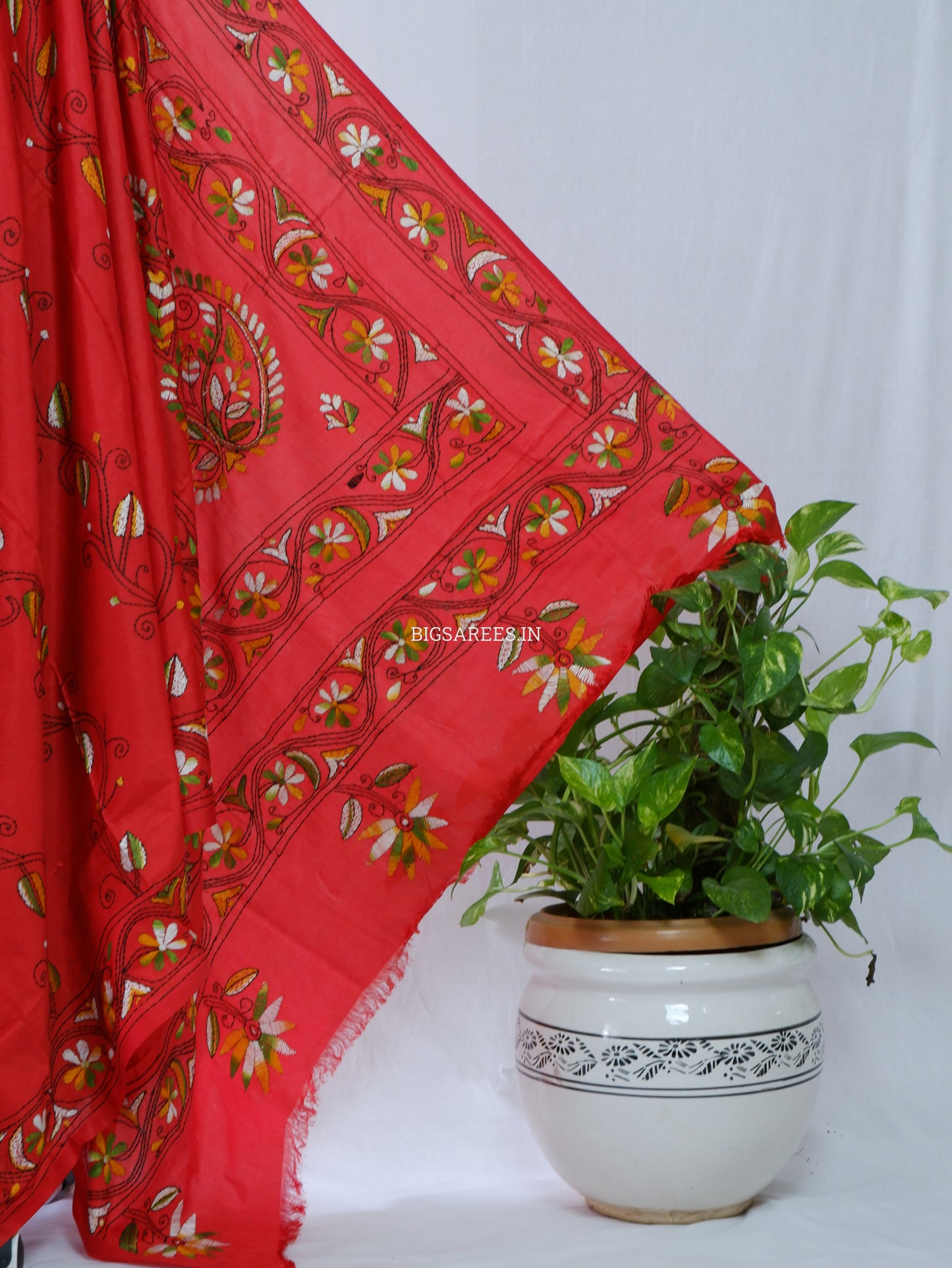 Kantha-Stitch Hand Embroidered Saree | Blended Bangalore Silk / Art Silk | Red