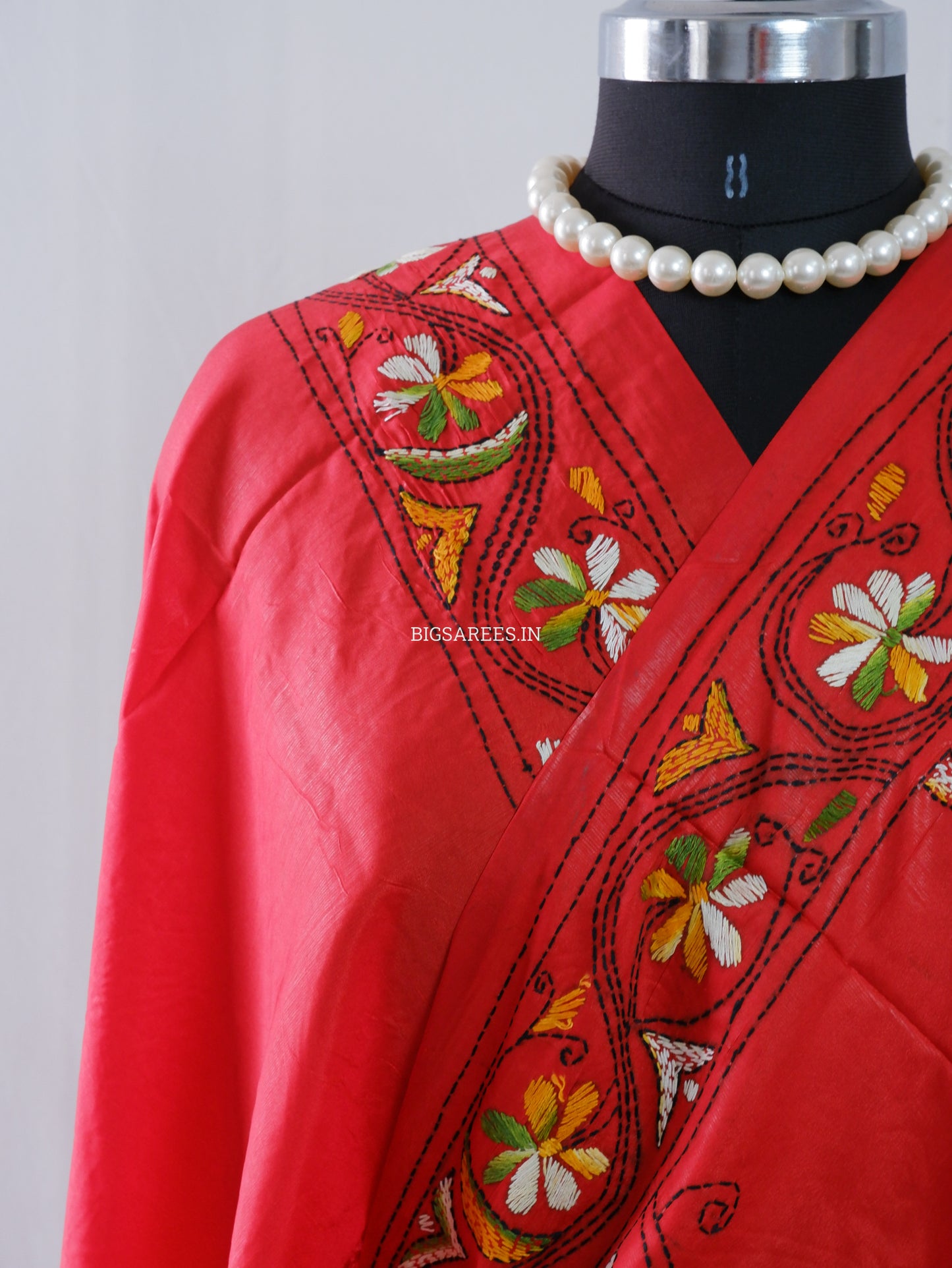 Kantha-Stitch Hand Embroidered Saree | Blended Bangalore Silk / Art Silk | Red