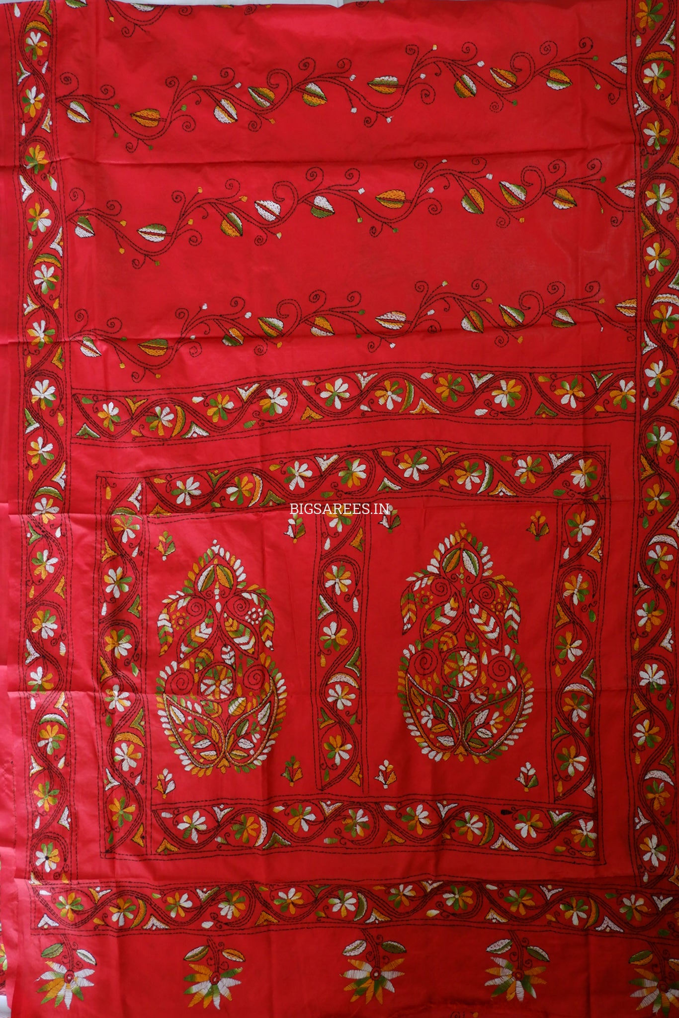 Kantha-Stitch Hand Embroidered Saree | Blended Bangalore Silk / Art Silk | Red