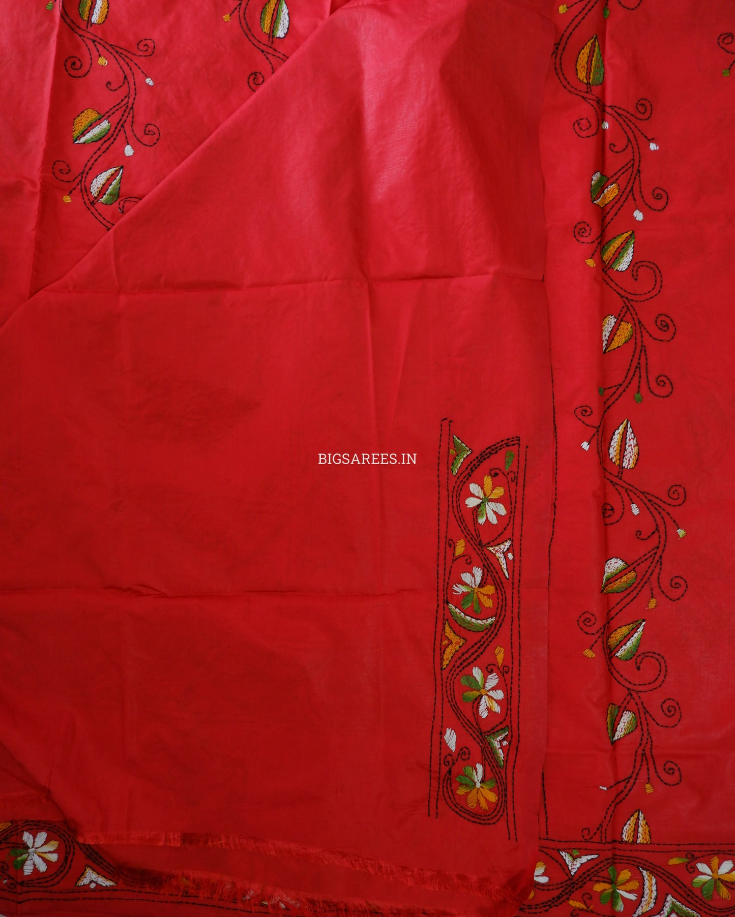 Kantha-Stitch Hand Embroidered Saree | Blended Bangalore Silk / Art Silk | Red