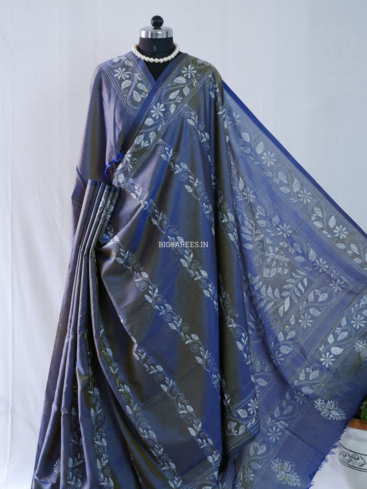 Kantha - Stitch Hand Embroidered Saree | Blended Bangalore Silk / Art Silk | Elegant Blue - Green (Dual Tone))