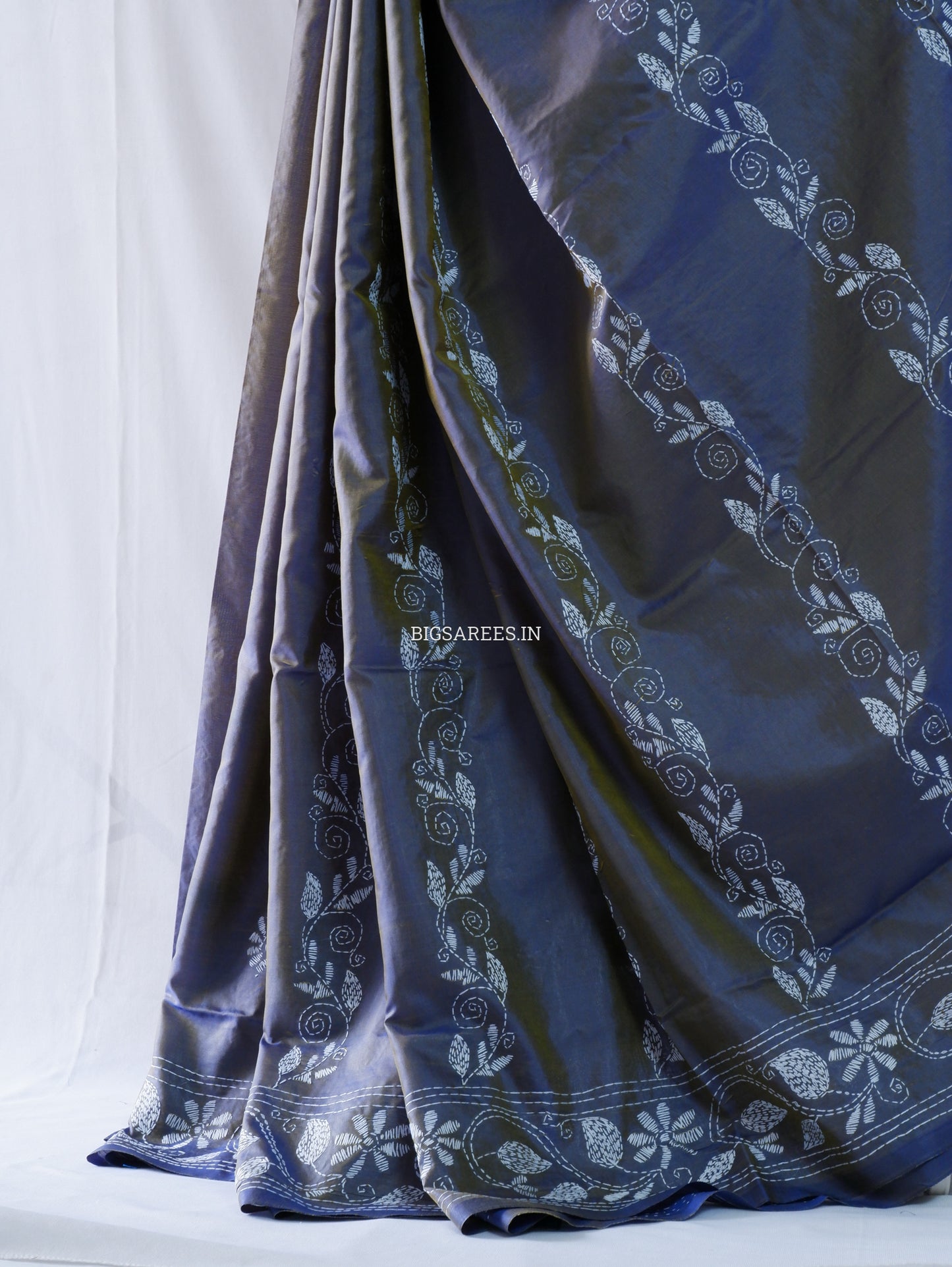 Kantha - Stitch Hand Embroidered Saree | Blended Bangalore Silk / Art Silk | Elegant Blue - Green (Dual Tone))