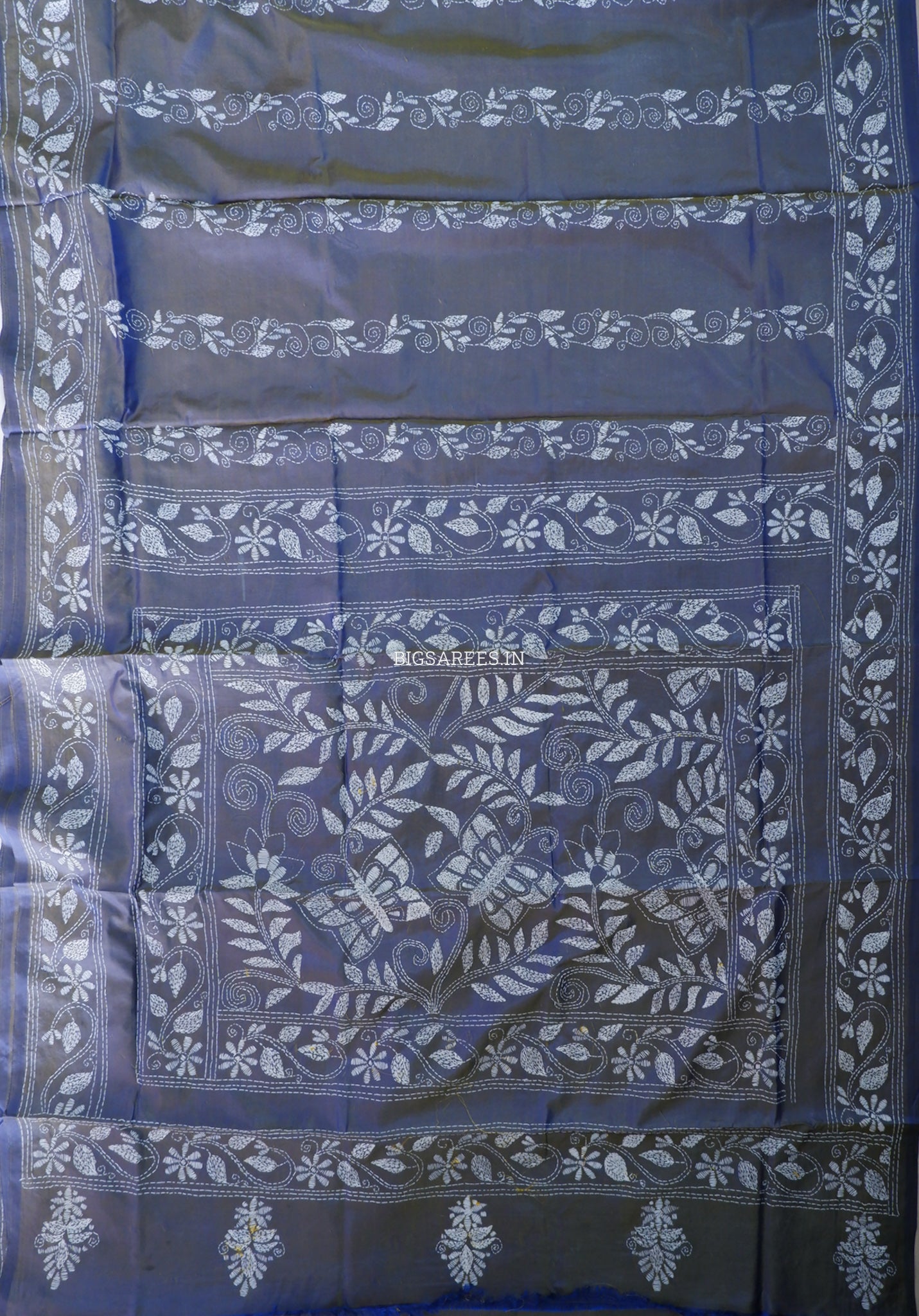 Kantha - Stitch Hand Embroidered Saree | Blended Bangalore Silk / Art Silk | Elegant Blue - Green (Dual Tone))