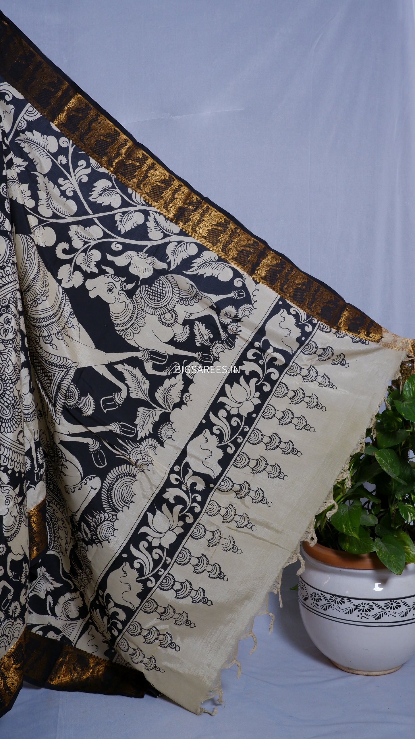 Hand-Painted Pen Kalamkari Saree in Pure Mangalgiri Silk