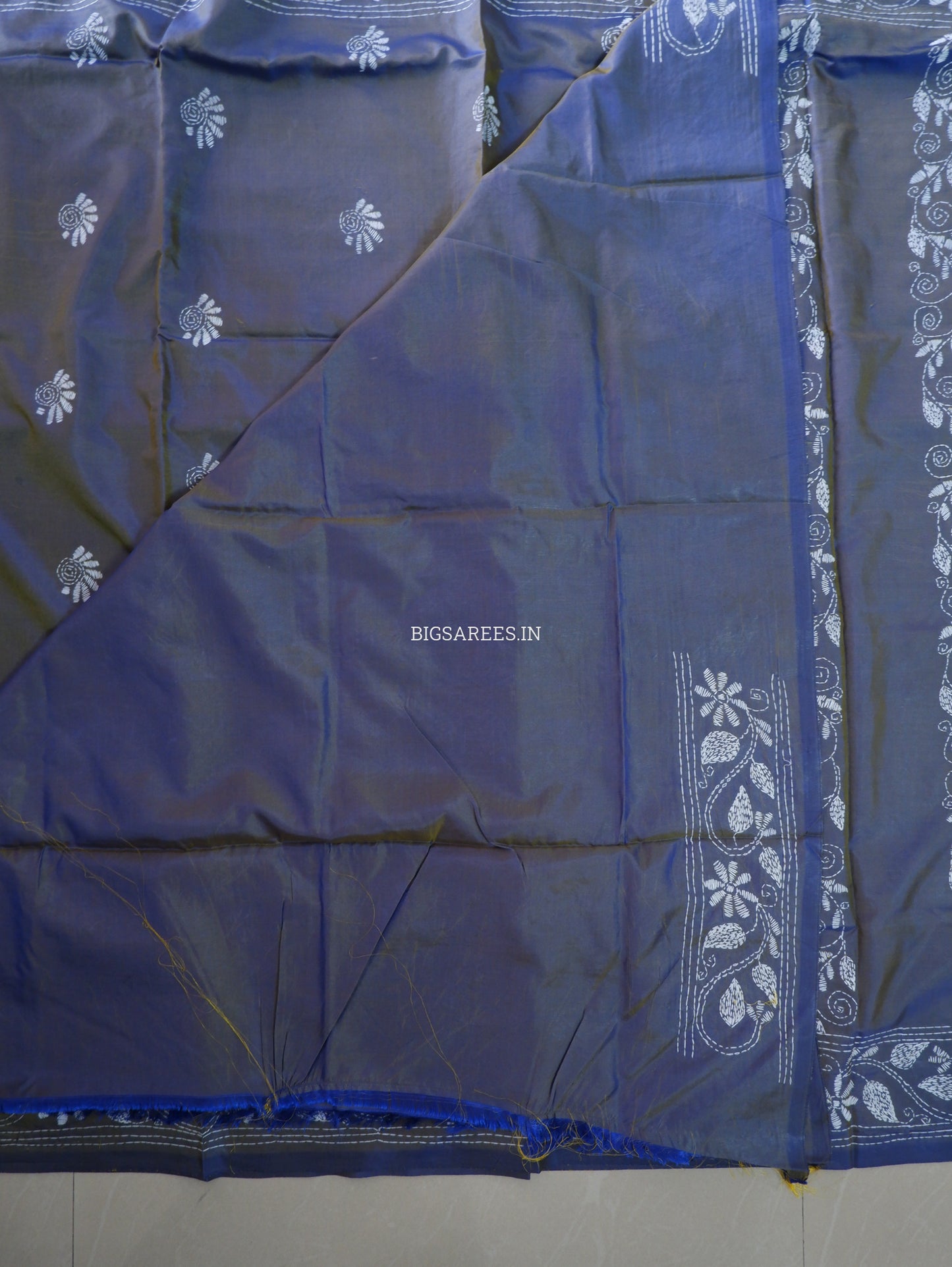 Kantha - Stitch Hand Embroidered Saree | Blended Bangalore Silk / Art Silk | Elegant Blue - Green (Dual Tone))