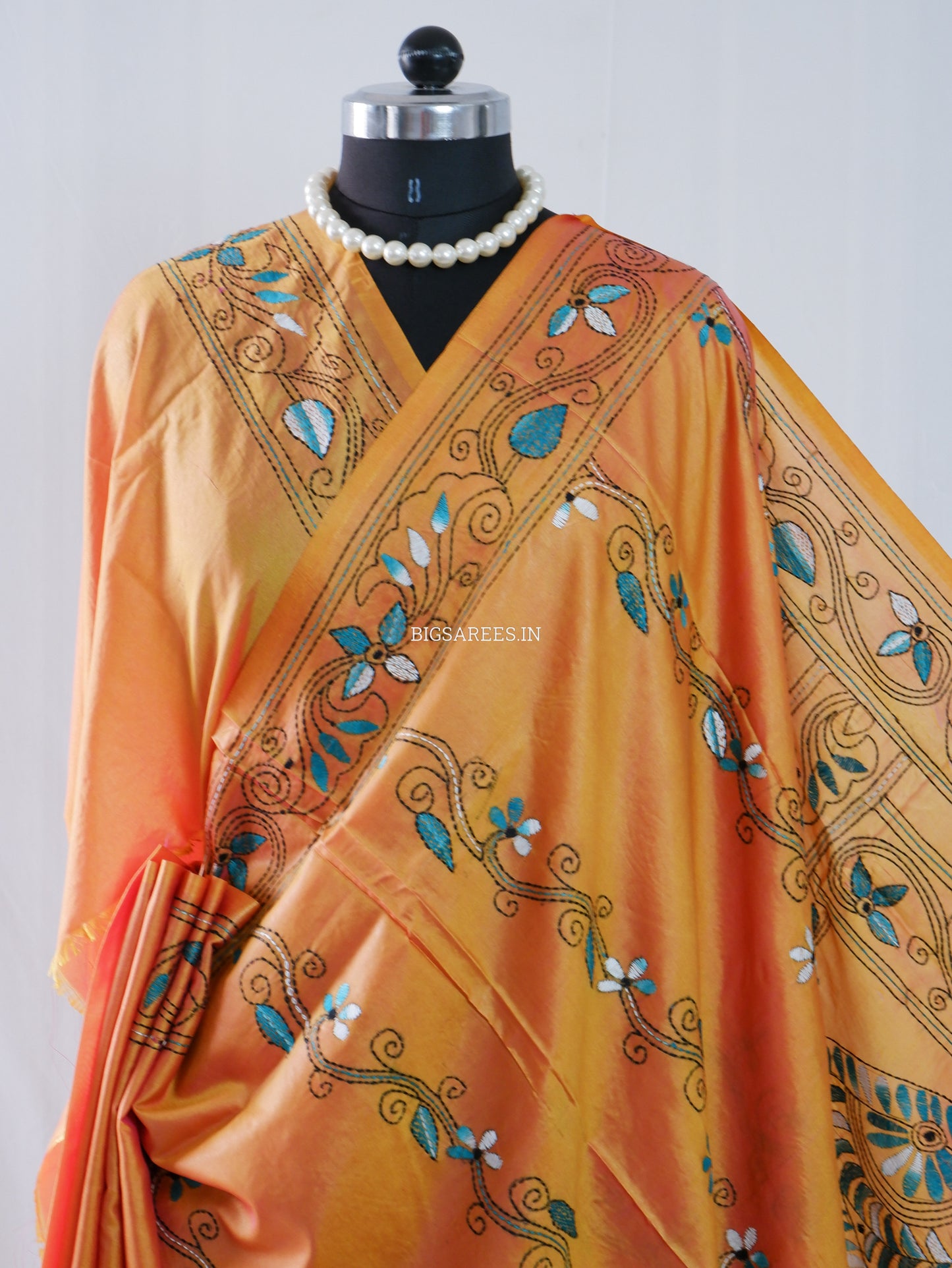 Kantha - Stitch Hand Embroidered Saree | Blended Bangalore Silk / Art Silk | Yellow Ochre