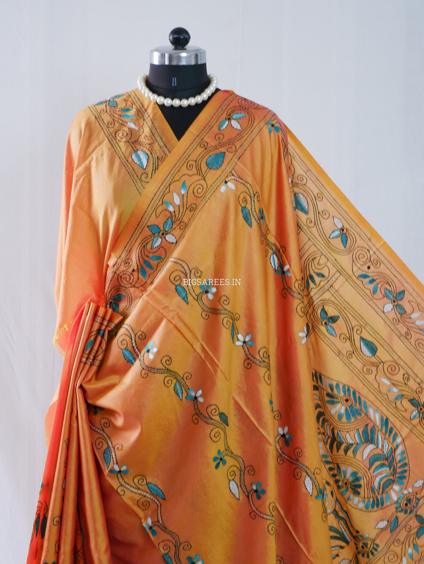Kantha - Stitch Hand Embroidered Saree | Blended Bangalore Silk / Art Silk | Yellow Ochre