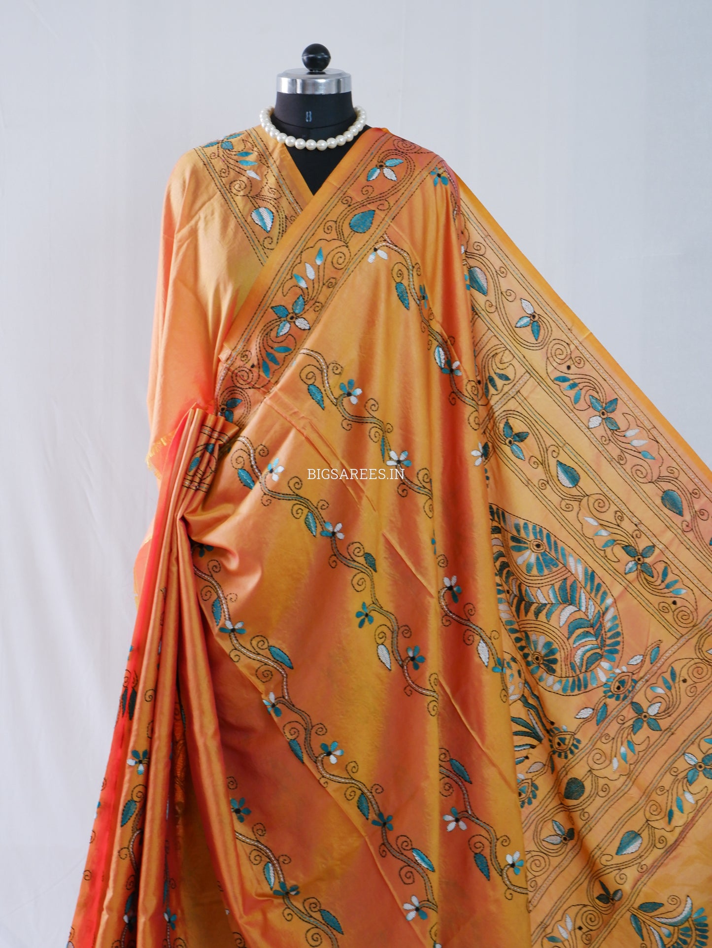 Kantha - Stitch Hand Embroidered Saree | Blended Bangalore Silk / Art Silk | Yellow Ochre