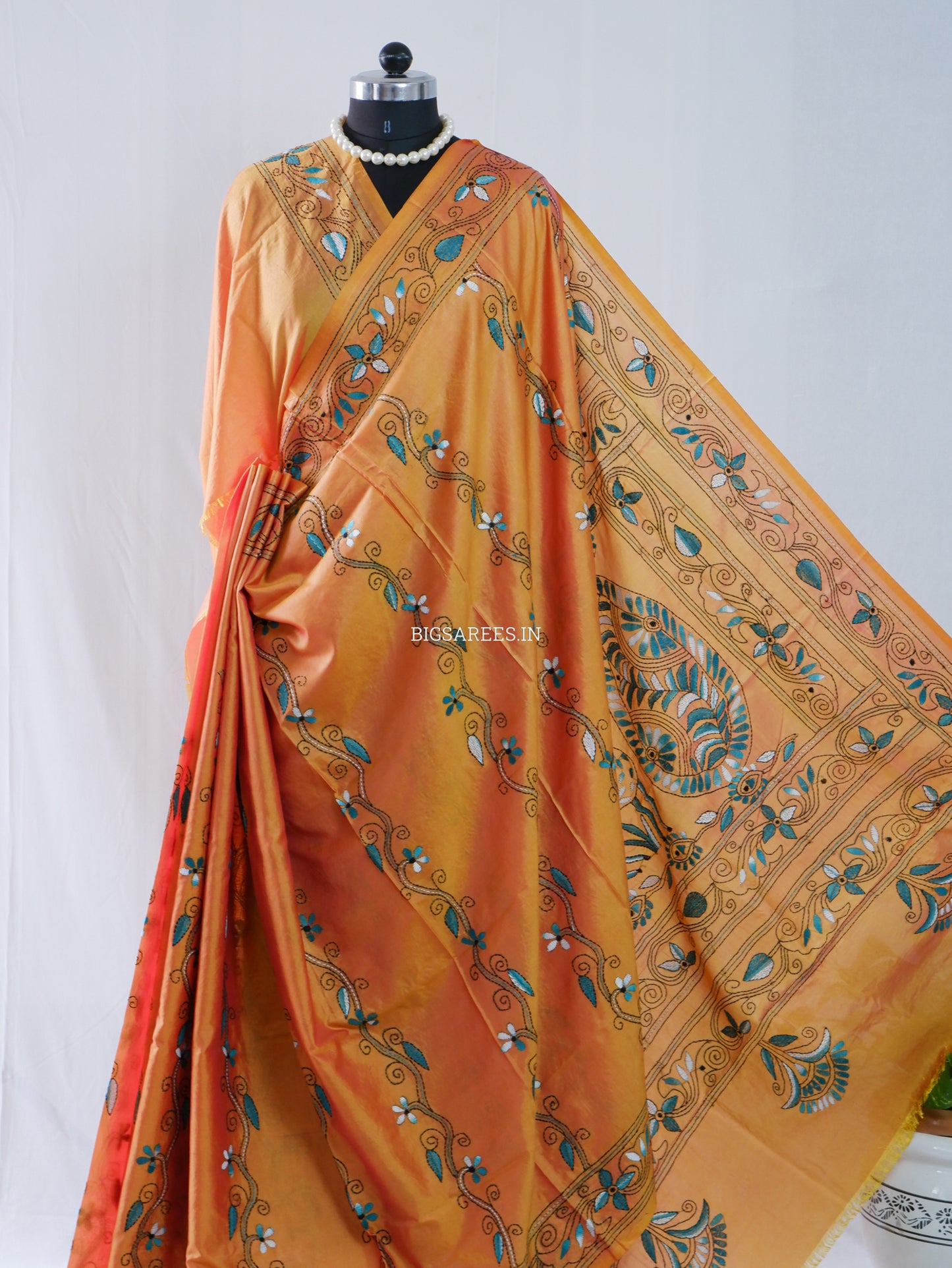 Kantha - Stitch Hand Embroidered Saree | Blended Bangalore Silk / Art Silk | Yellow Ochre