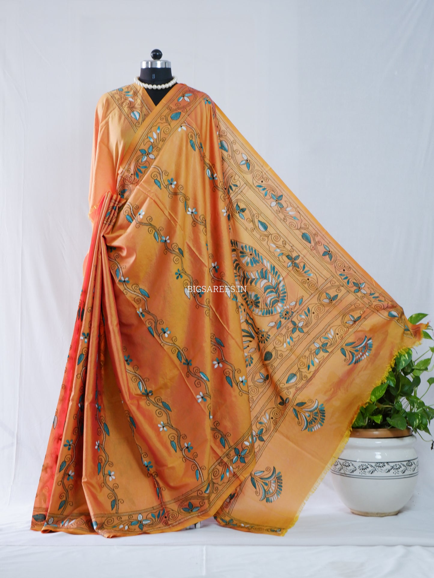 Kantha - Stitch Hand Embroidered Saree | Blended Bangalore Silk / Art Silk | Yellow Ochre