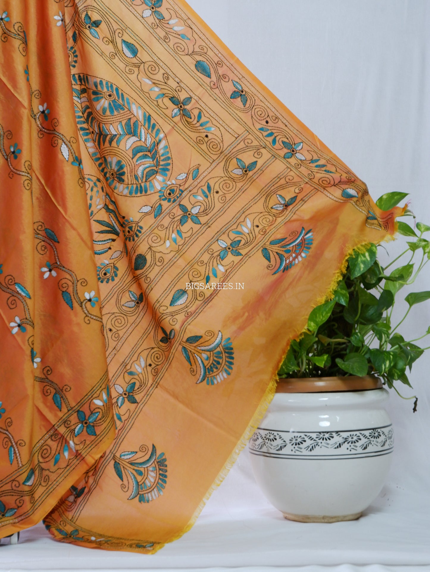 Kantha - Stitch Hand Embroidered Saree | Blended Bangalore Silk / Art Silk | Yellow Ochre