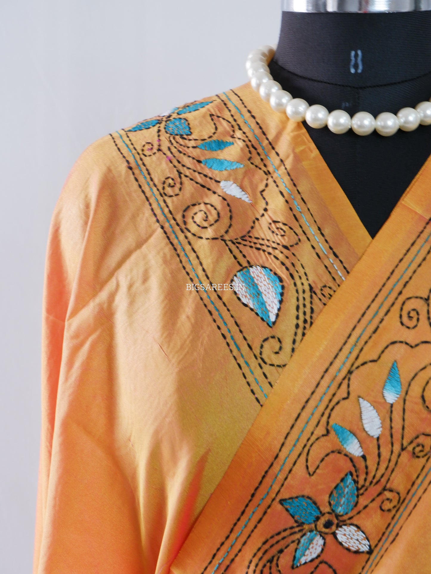 Kantha - Stitch Hand Embroidered Saree | Blended Bangalore Silk / Art Silk | Yellow Ochre