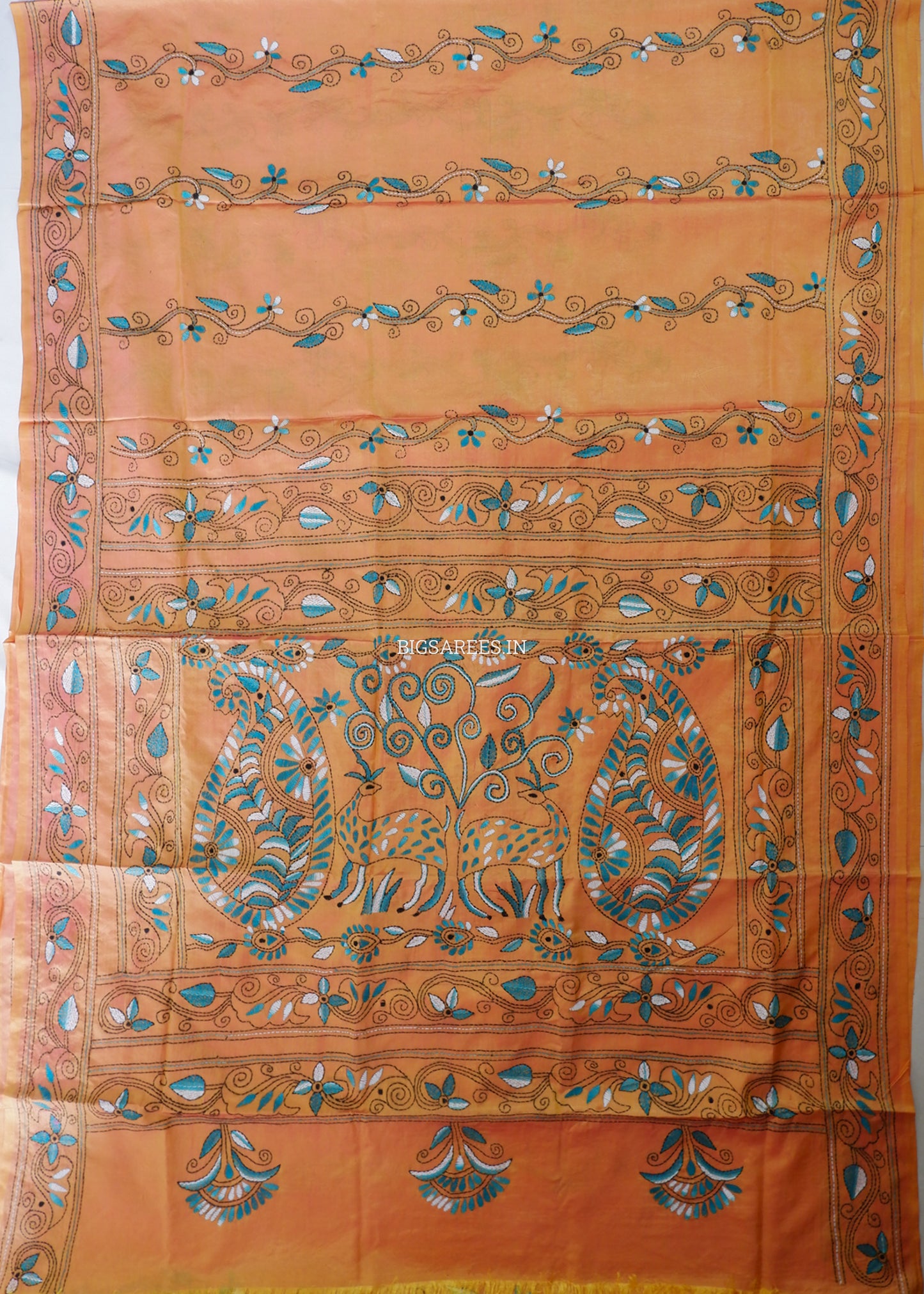 Kantha - Stitch Hand Embroidered Saree | Blended Bangalore Silk / Art Silk | Yellow Ochre