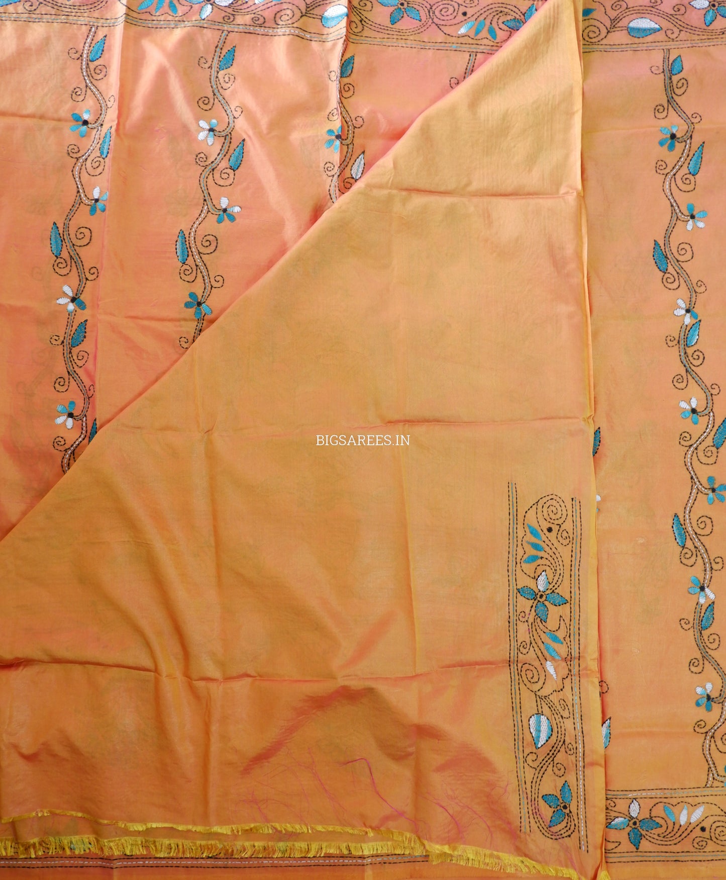 Kantha - Stitch Hand Embroidered Saree | Blended Bangalore Silk / Art Silk | Yellow Ochre