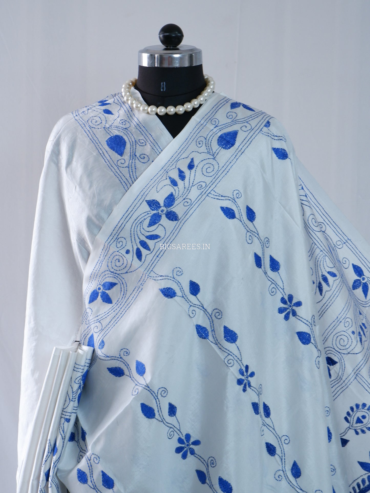 Kantha - Stitch Hand Embroidered Saree | Blended Bangalore Silk / Art Silk | White