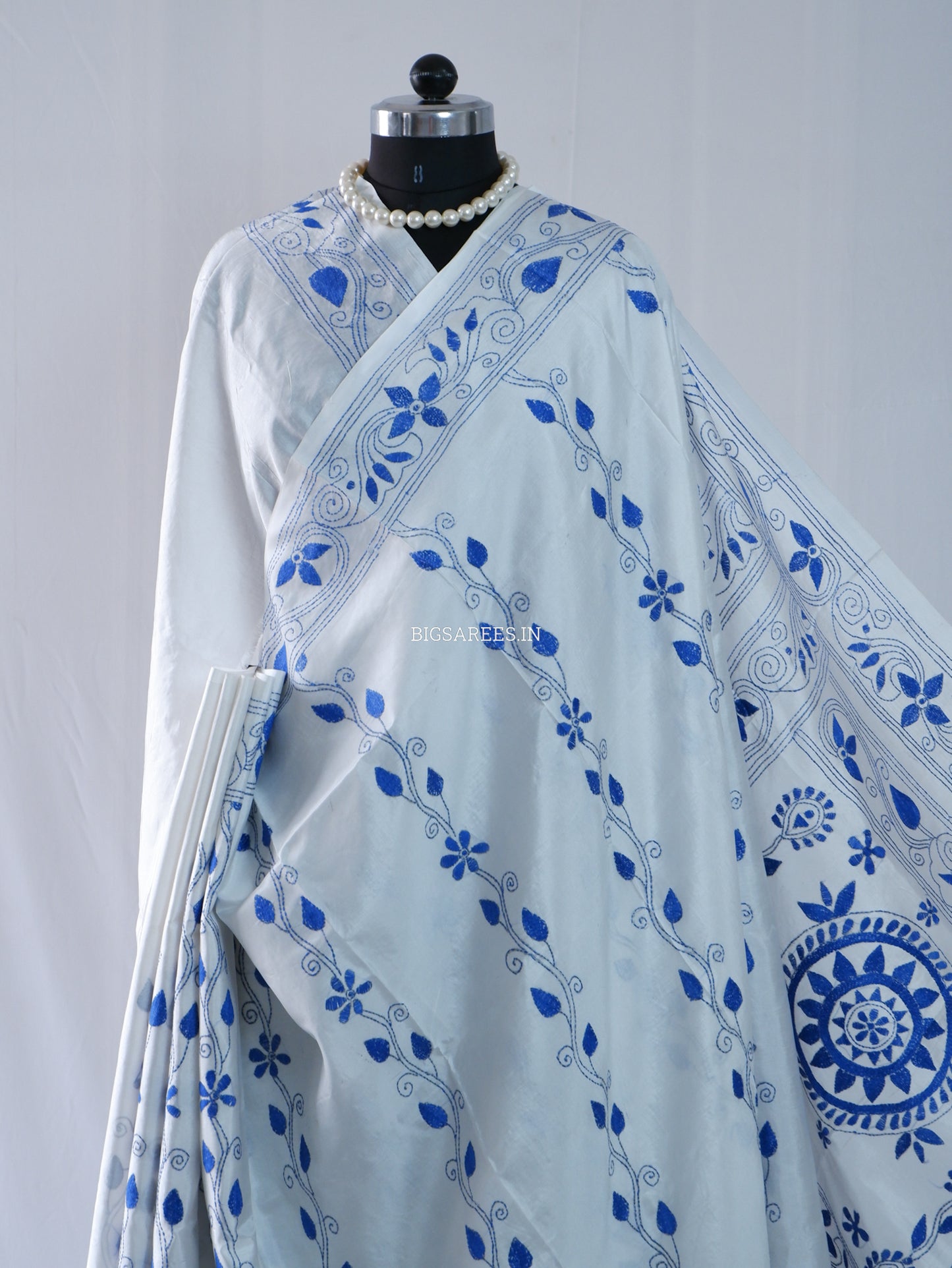 Kantha - Stitch Hand Embroidered Saree | Blended Bangalore Silk / Art Silk | White