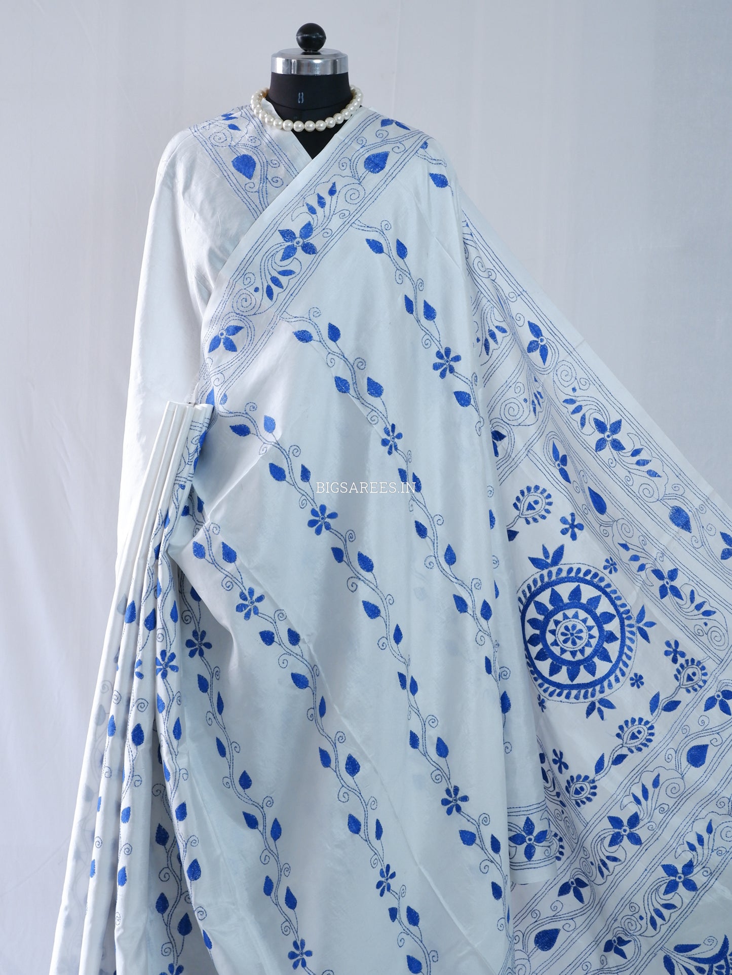 Kantha - Stitch Hand Embroidered Saree | Blended Bangalore Silk / Art Silk | White