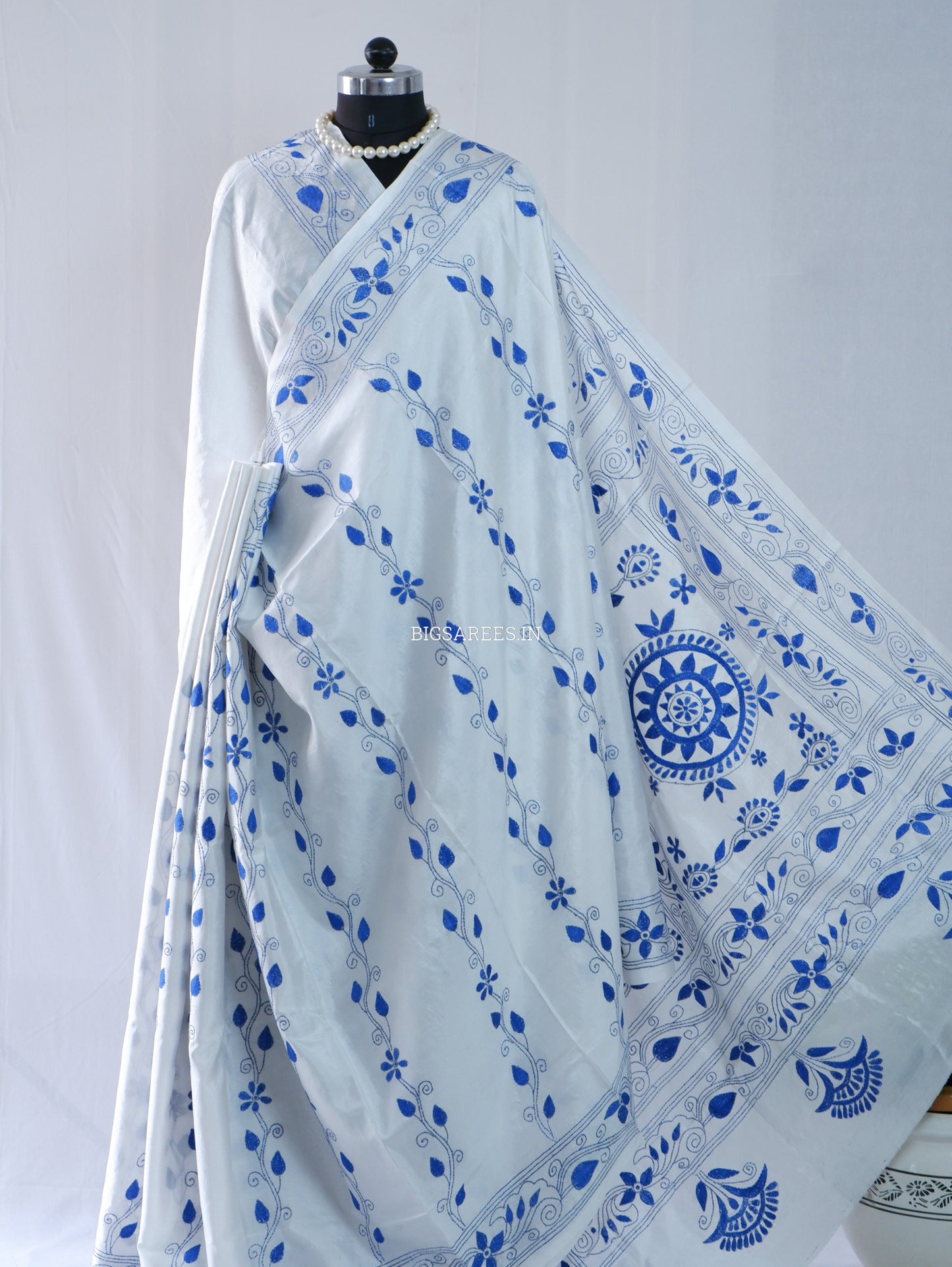 Kantha - Stitch Hand Embroidered Saree | Blended Bangalore Silk / Art Silk | White