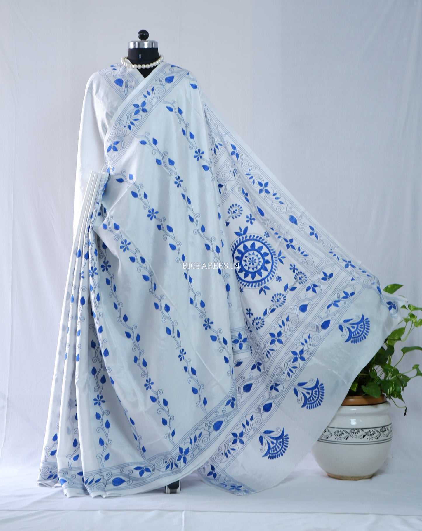 Kantha - Stitch Hand Embroidered Saree | Blended Bangalore Silk / Art Silk | White