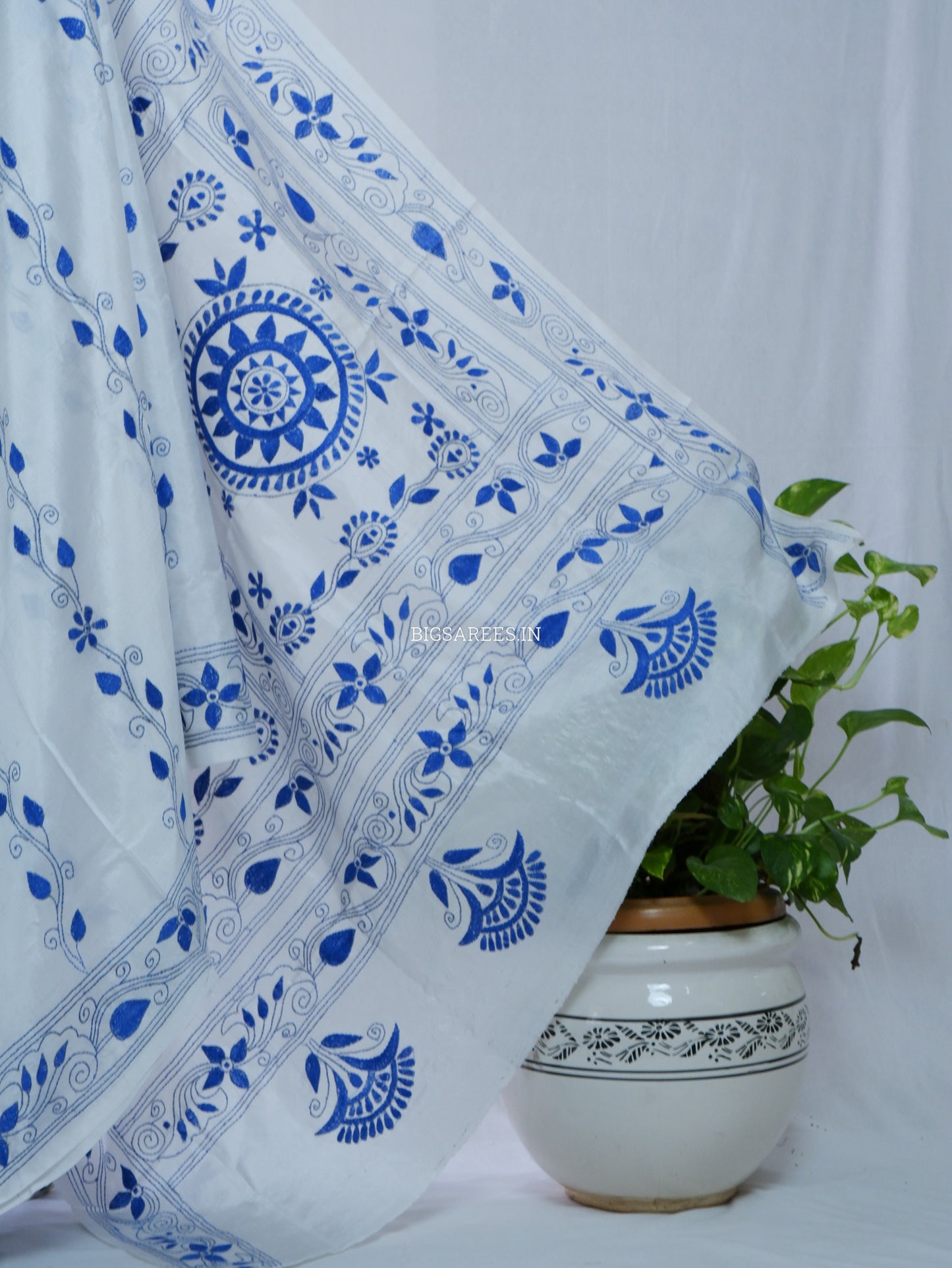Kantha - Stitch Hand Embroidered Saree | Blended Bangalore Silk / Art Silk | White