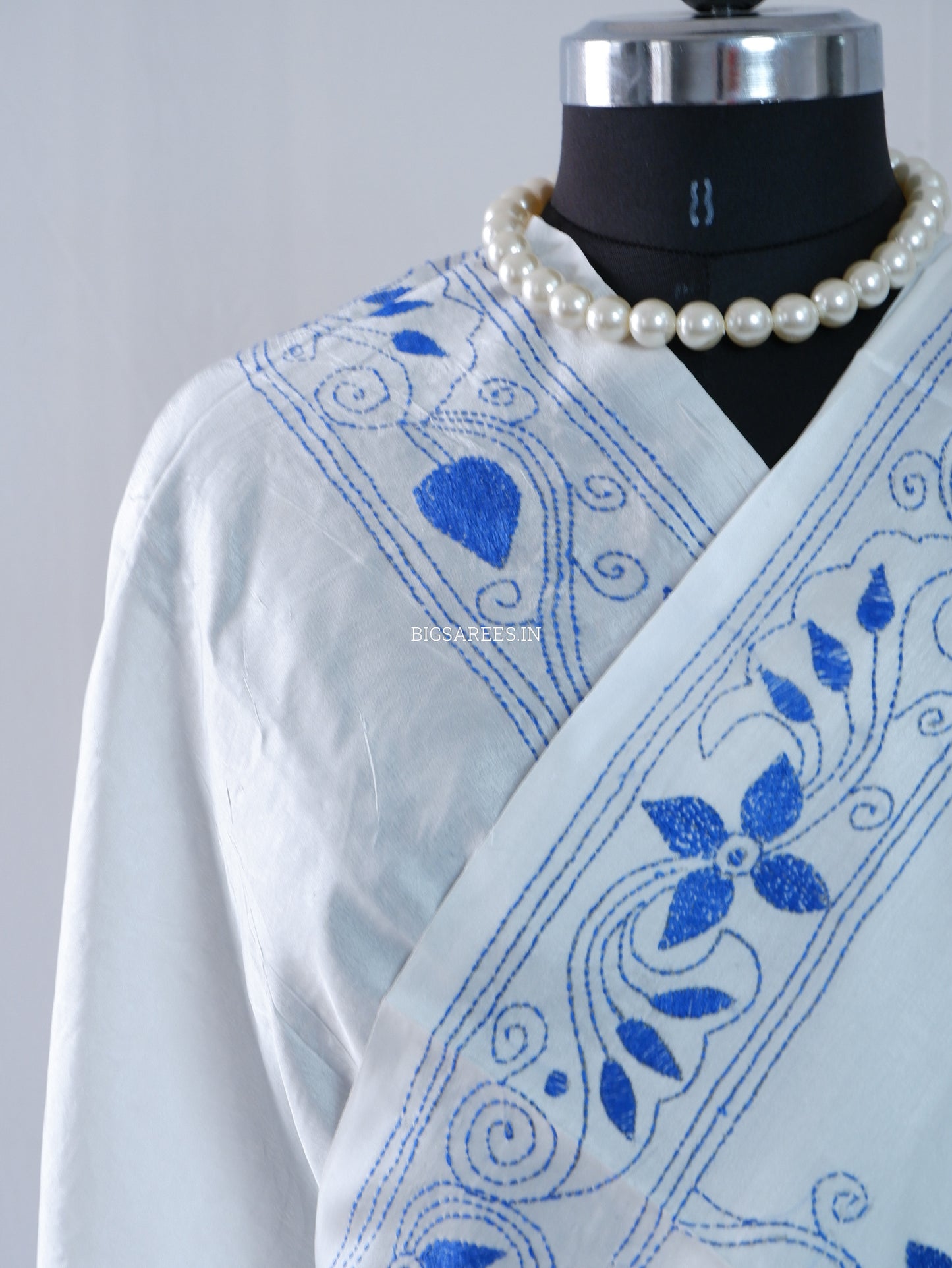 Kantha - Stitch Hand Embroidered Saree | Blended Bangalore Silk / Art Silk | White